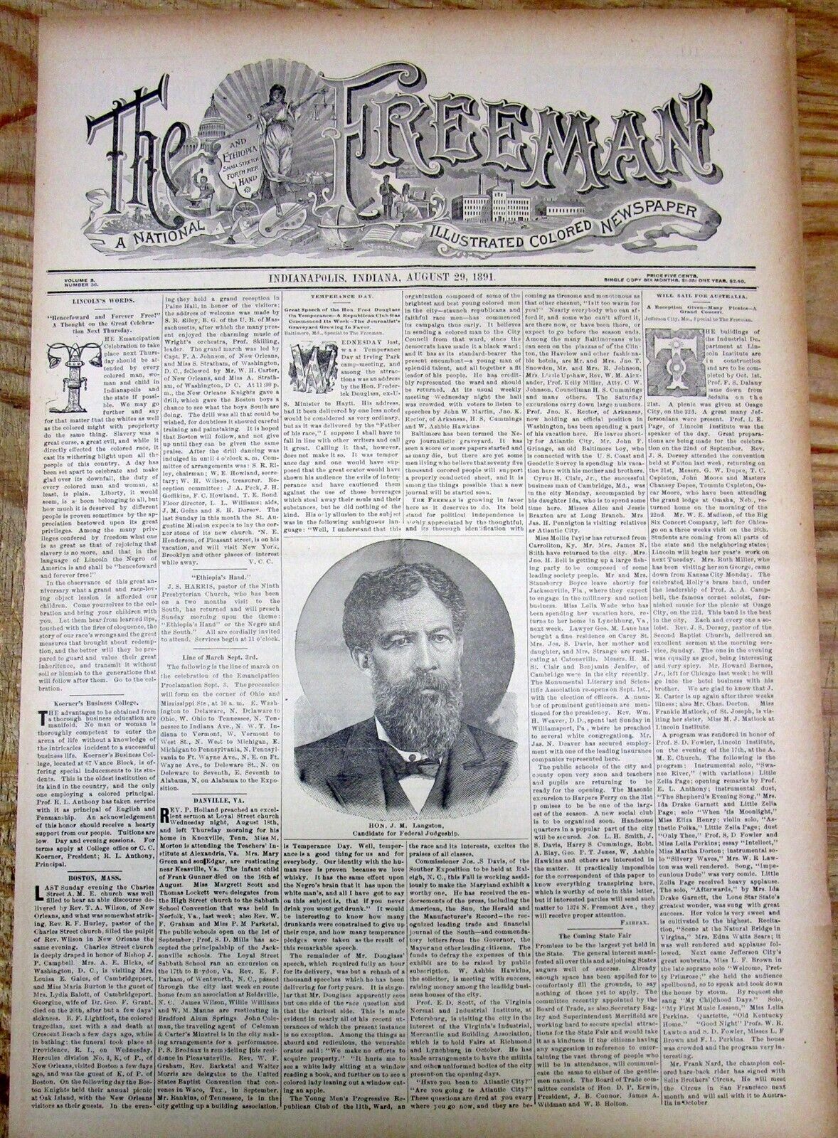 Rare1891 African-American newspaper EMANCIPATION PROCL Indiana State Fairgrounds