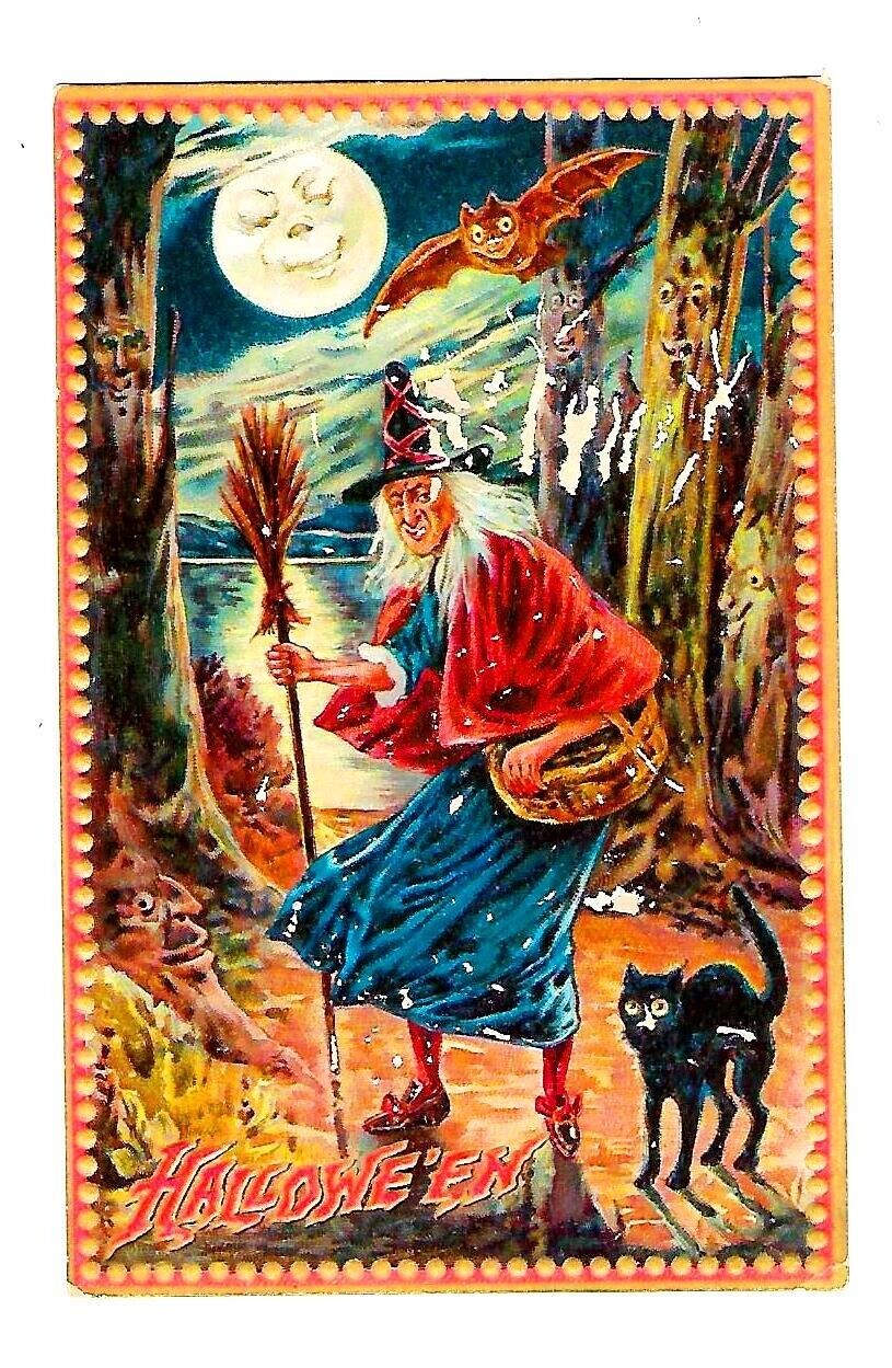 c1908 Tucks #160 Halloween Postcard Witch Broom, Bat, Black Cat, Embossed