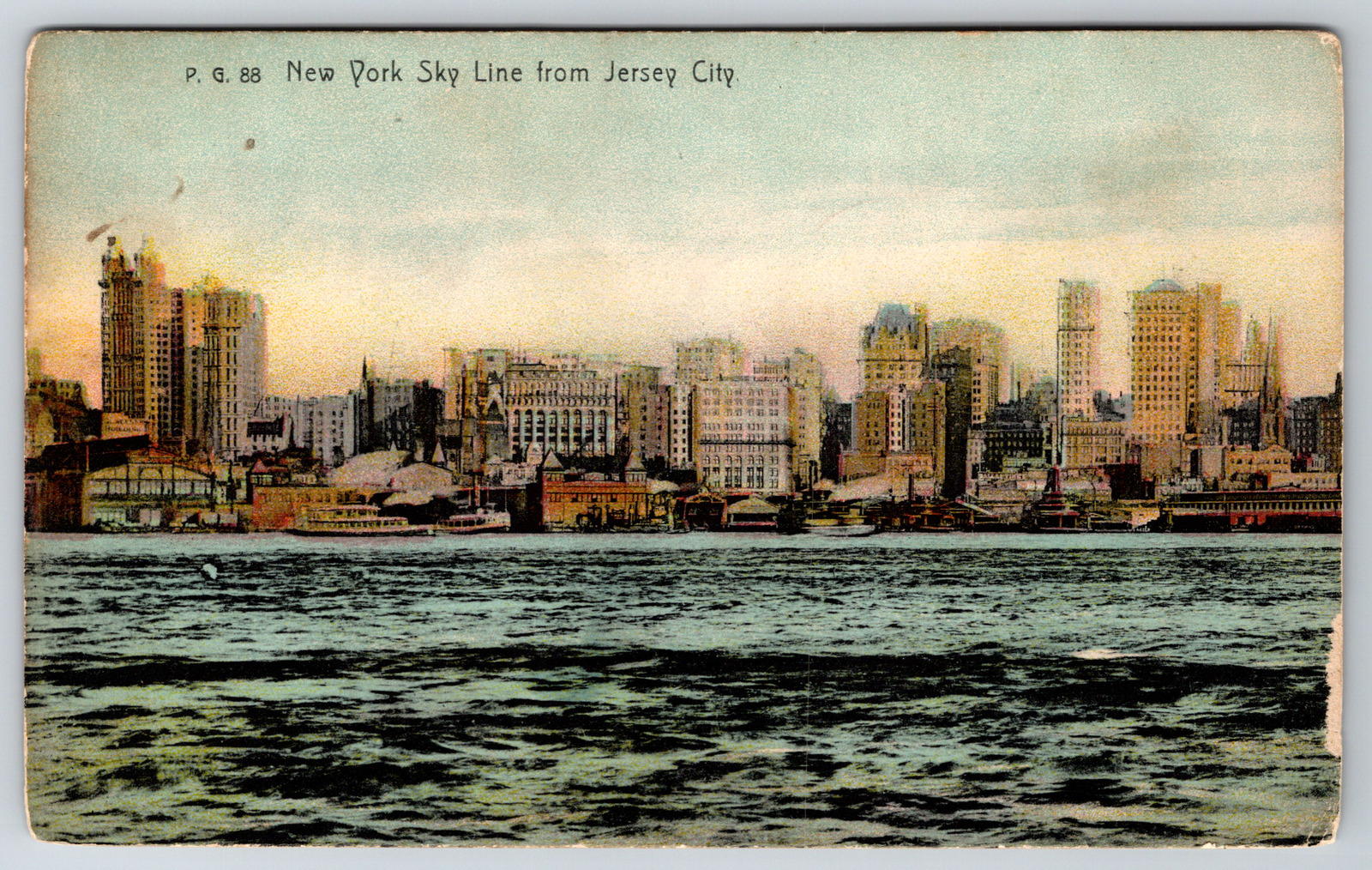 c1910s New York Skyline From Jersey City Waterfront View Antique Postcard