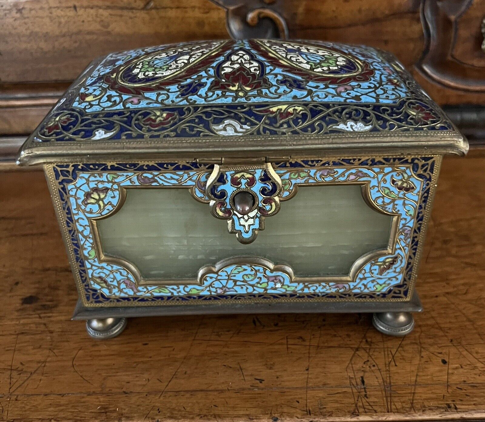 Vintage 19th Century French Bronze Gilt Enamel Champleve Jewelry Trinket Box