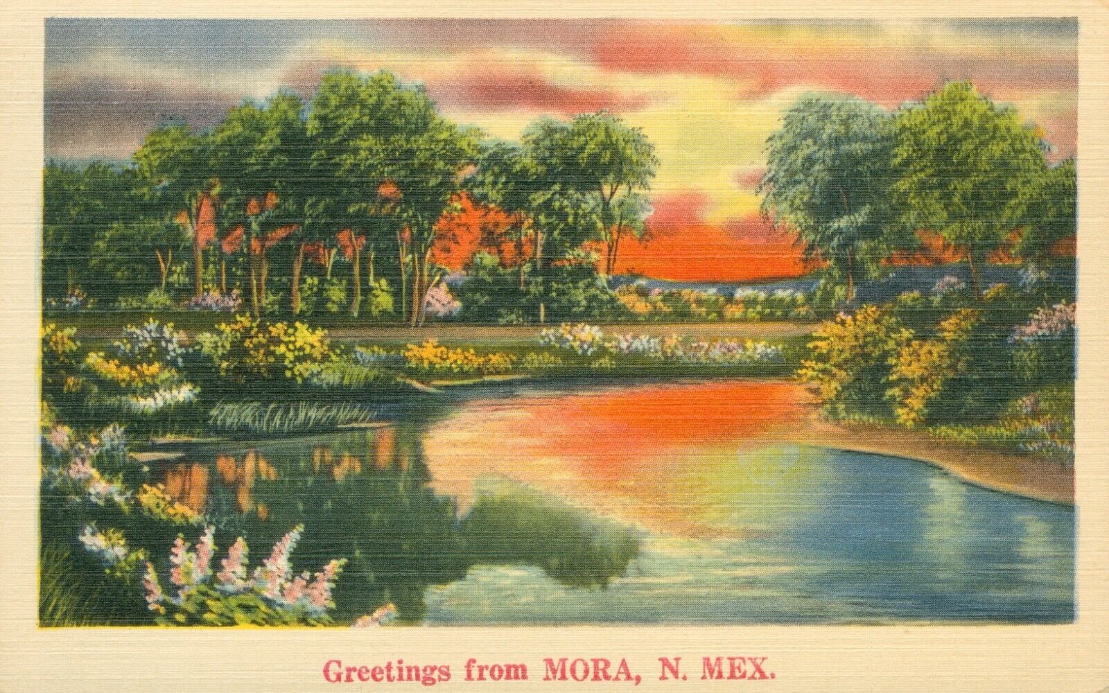 Sunset on the River Greetings From Mora New Mexcio Linen Postcard 