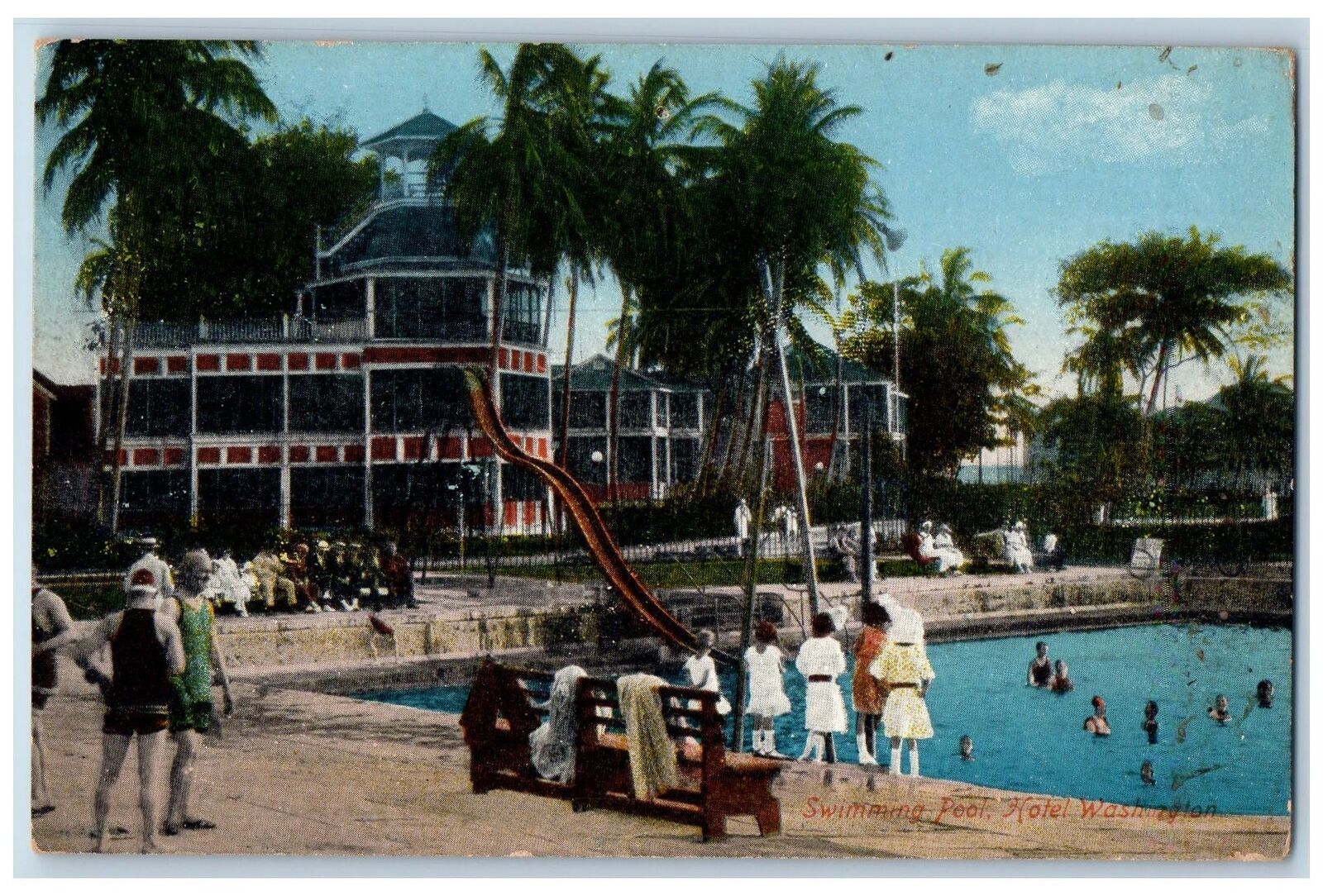 Postcard Hotel Washington Swimming Pool Bathing Scene c1920\'s Vintage People