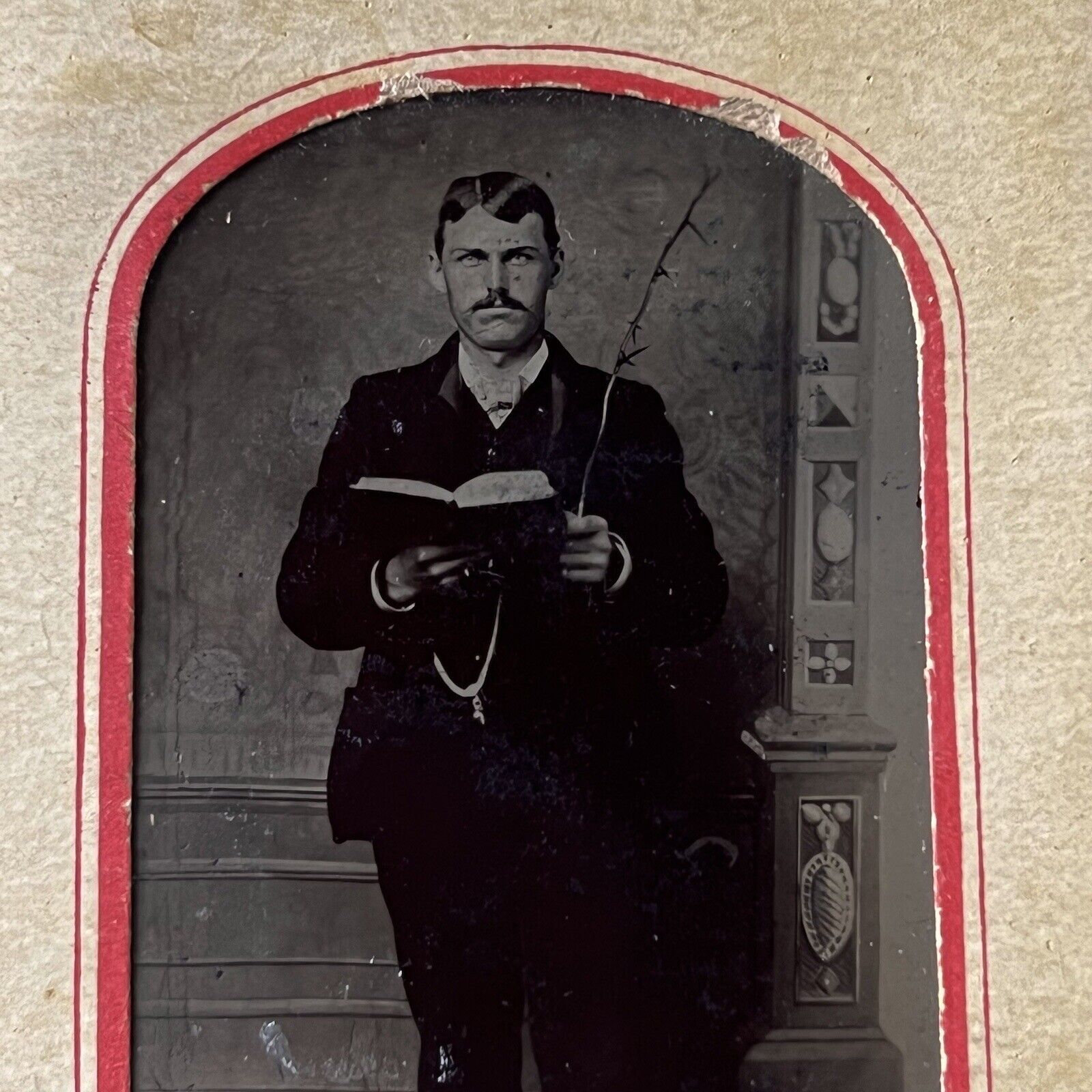Antique Tintype Photograph Man Holding Bible And Stick With Thorns On It Odd