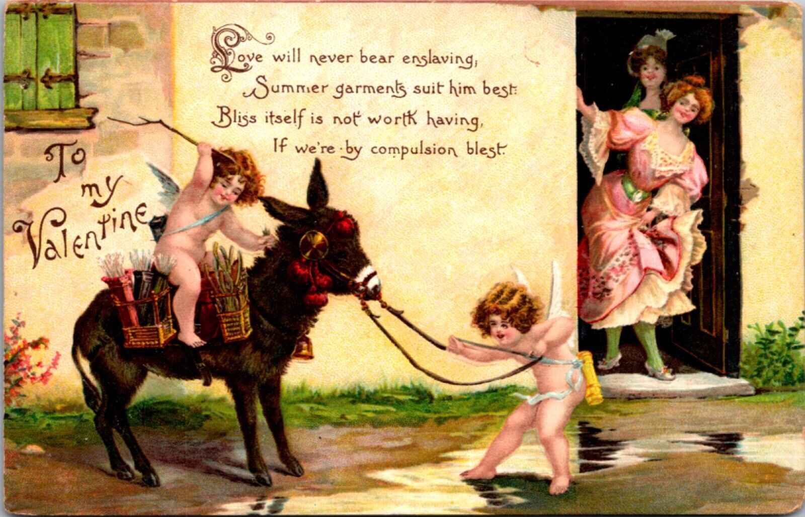 Valentine\'s Day Postcard Women Open Door to Find Cupid Cherub Bow Arrow Donkey