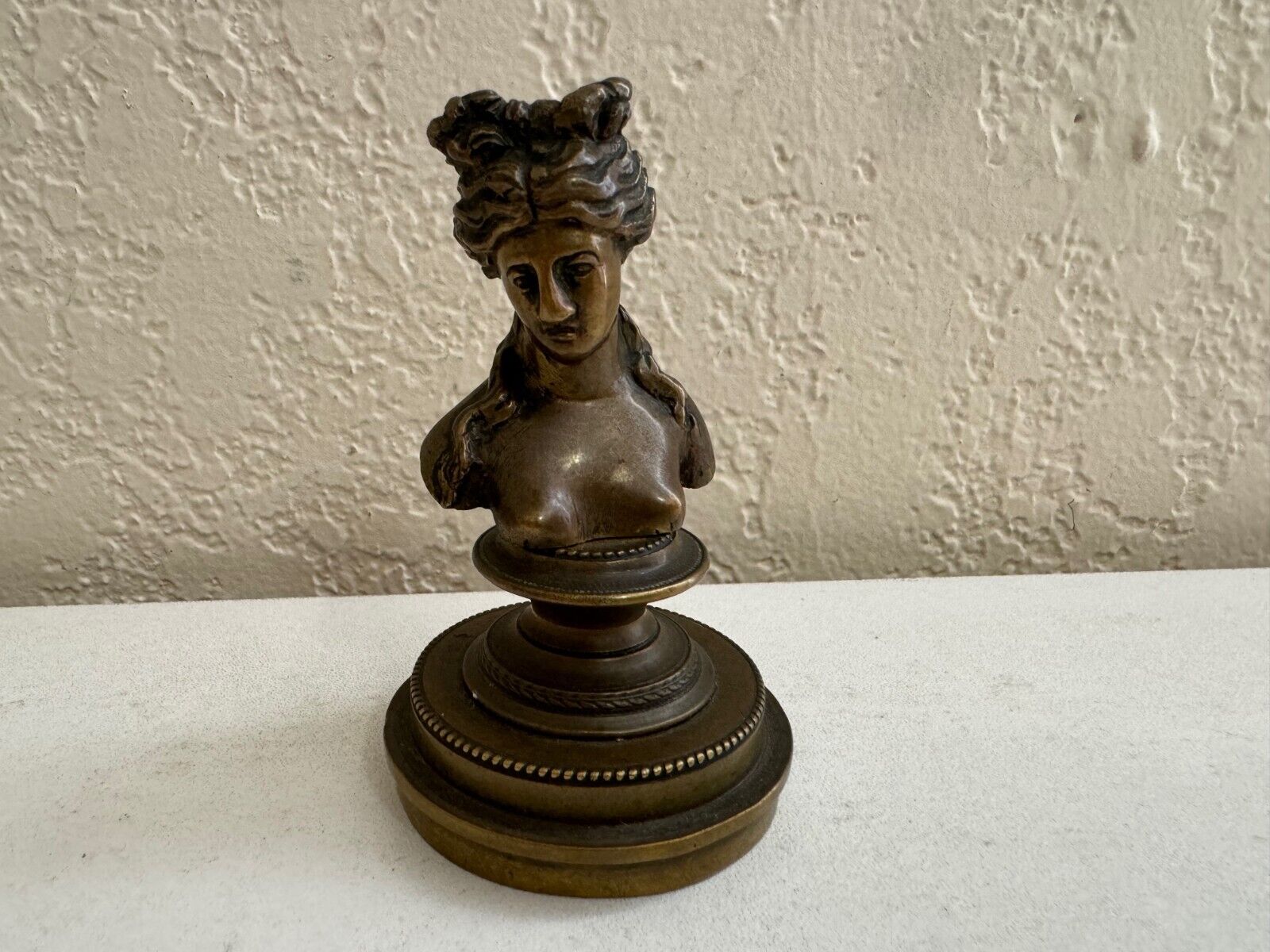 Vintage Miniature Bronze Bust of Partially Nude Woman Figurine Paperweight