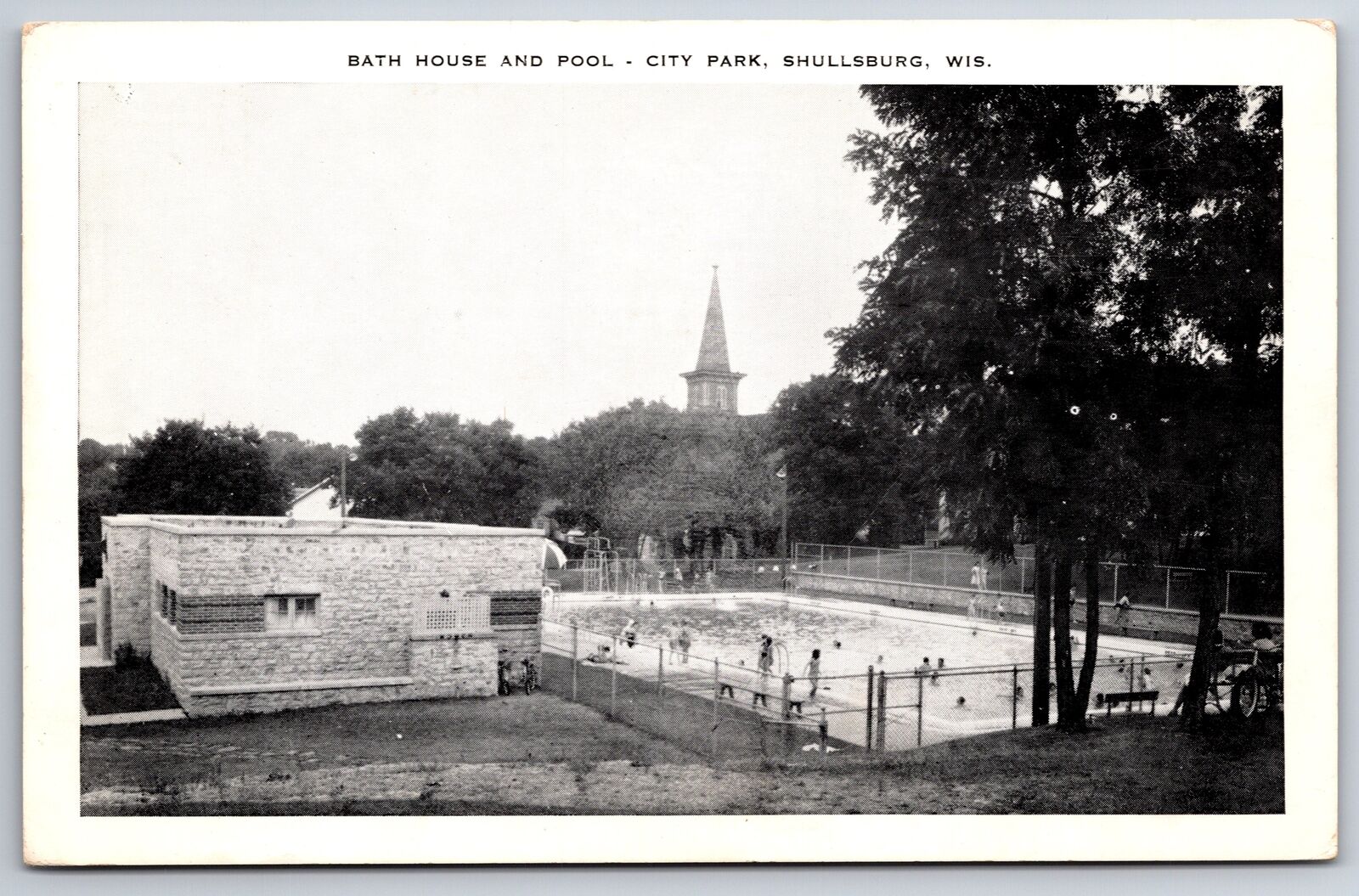 Shullsburg Wisconsin~City Park~Bath House & Swimming Pool~1930s B&W Postcard