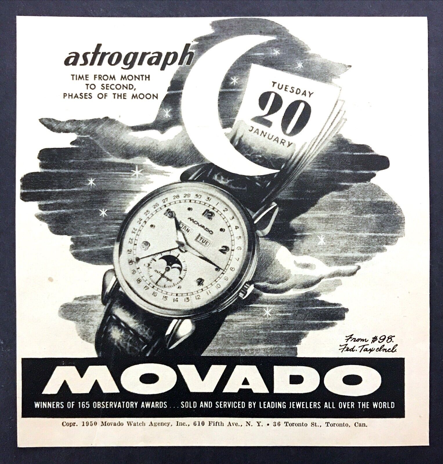 1950 Movado Astrograph Moonphase Calendar Watch photo vintage print ad