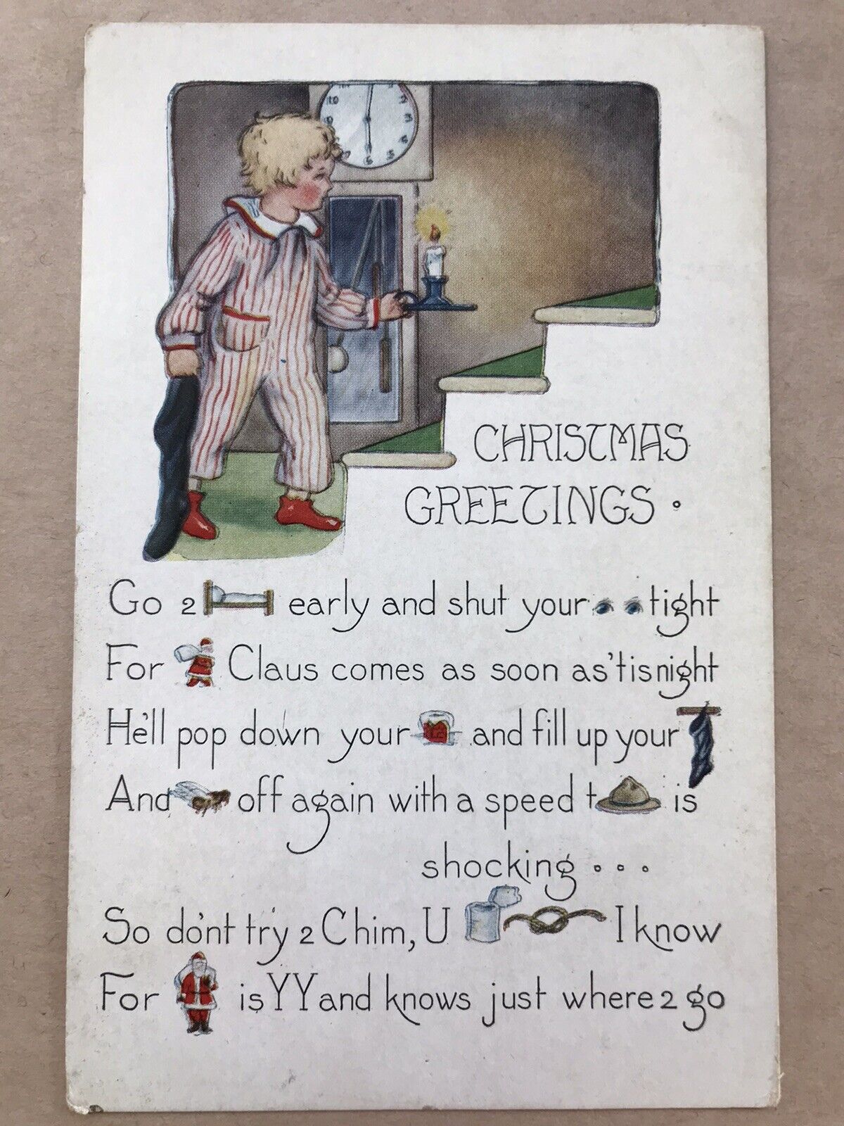 Christmas Greetings Boy In Striped Pajamas W/ Candle Stocking Poem Post Card