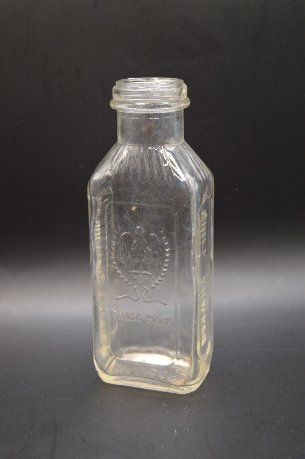 Vintage Gebhardt Eagle Chili Powder glass bottle, empty, Embossed Graphics