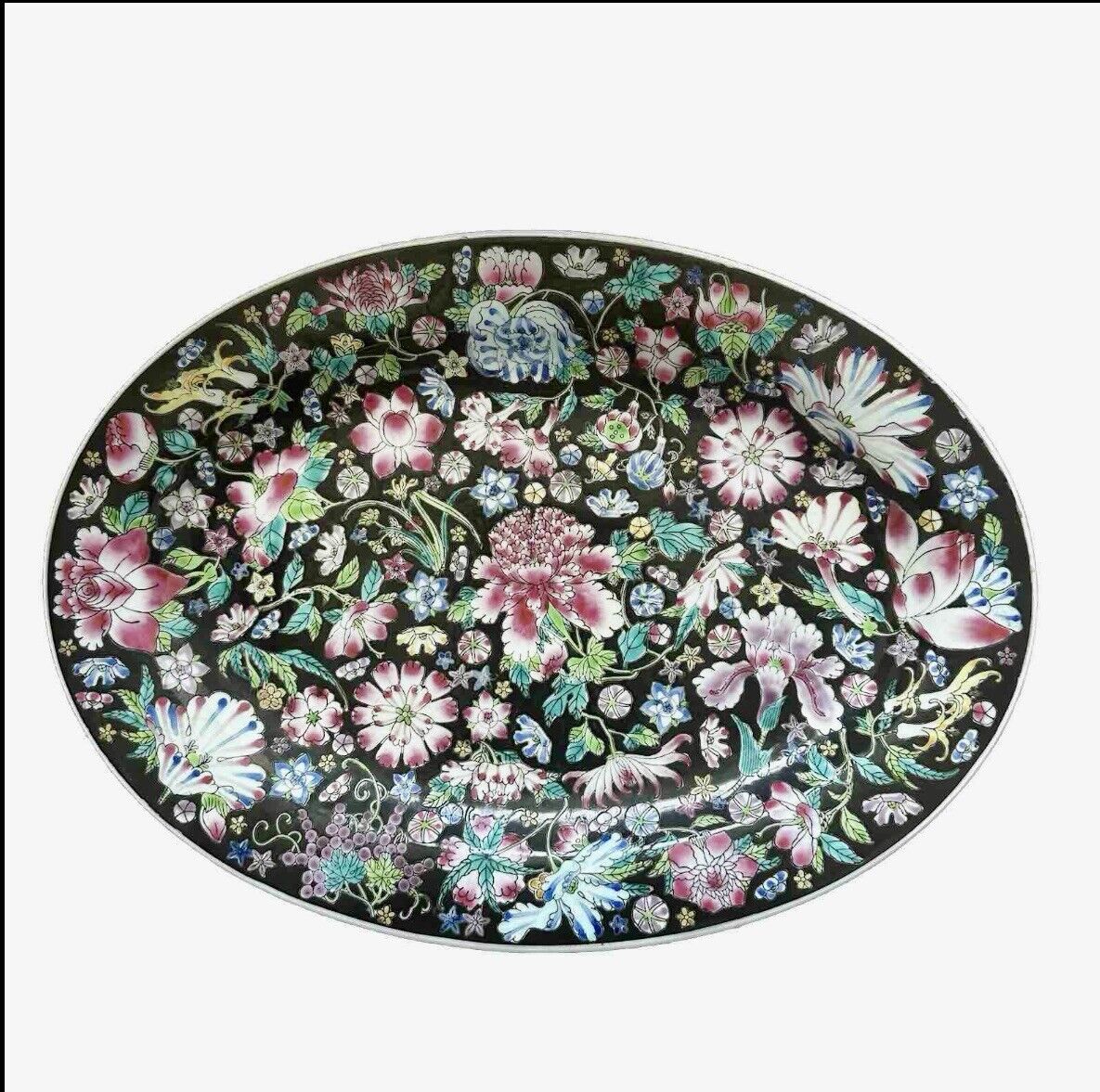 Vintage Chinese Famille Noir Mille Fleur Porcelain Flower Platter| Rare