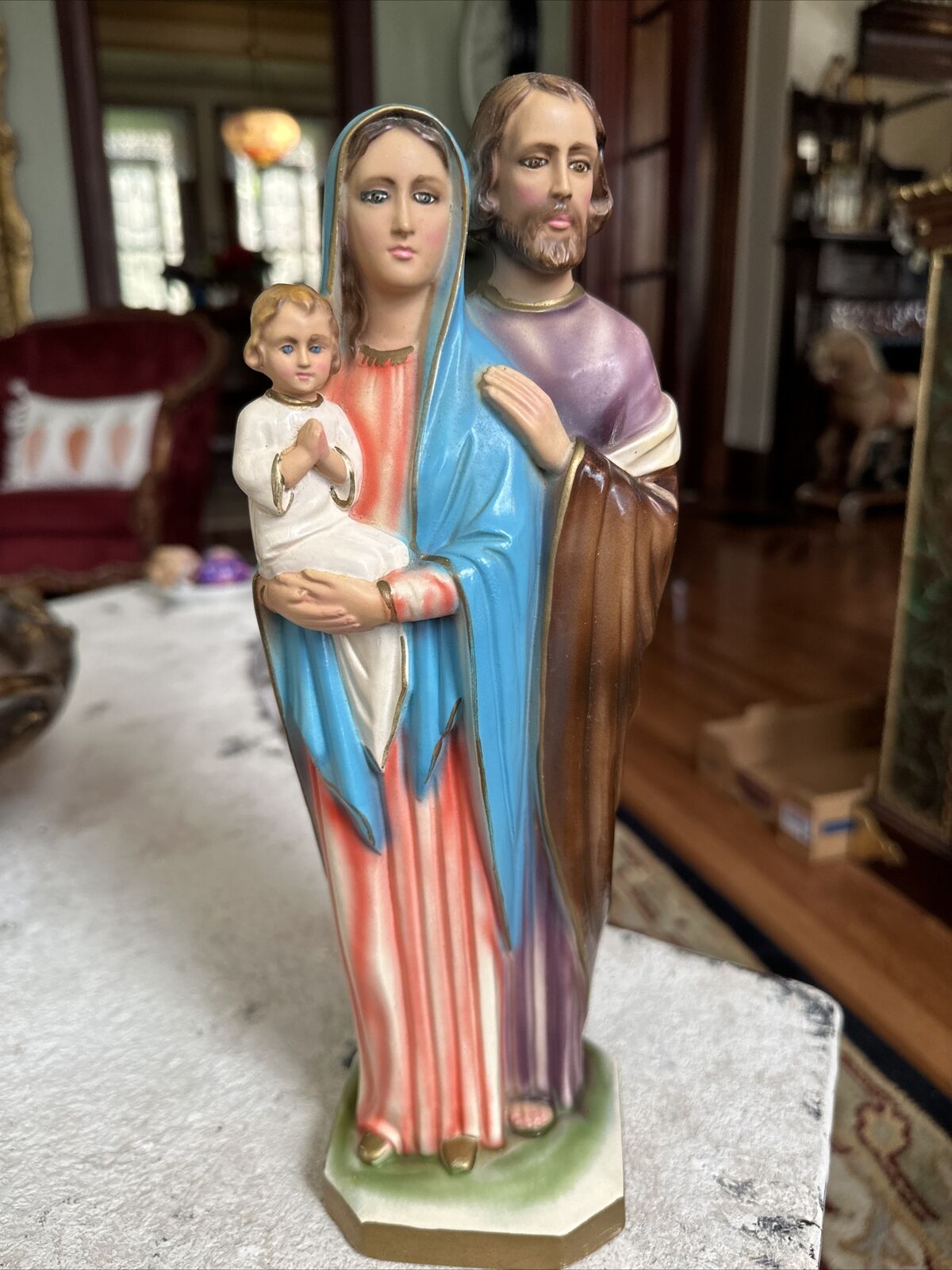 VINTAGE Italian Holy Family COLUMBIA STATUARY Jesus Mary Joseph Chalkware Italy