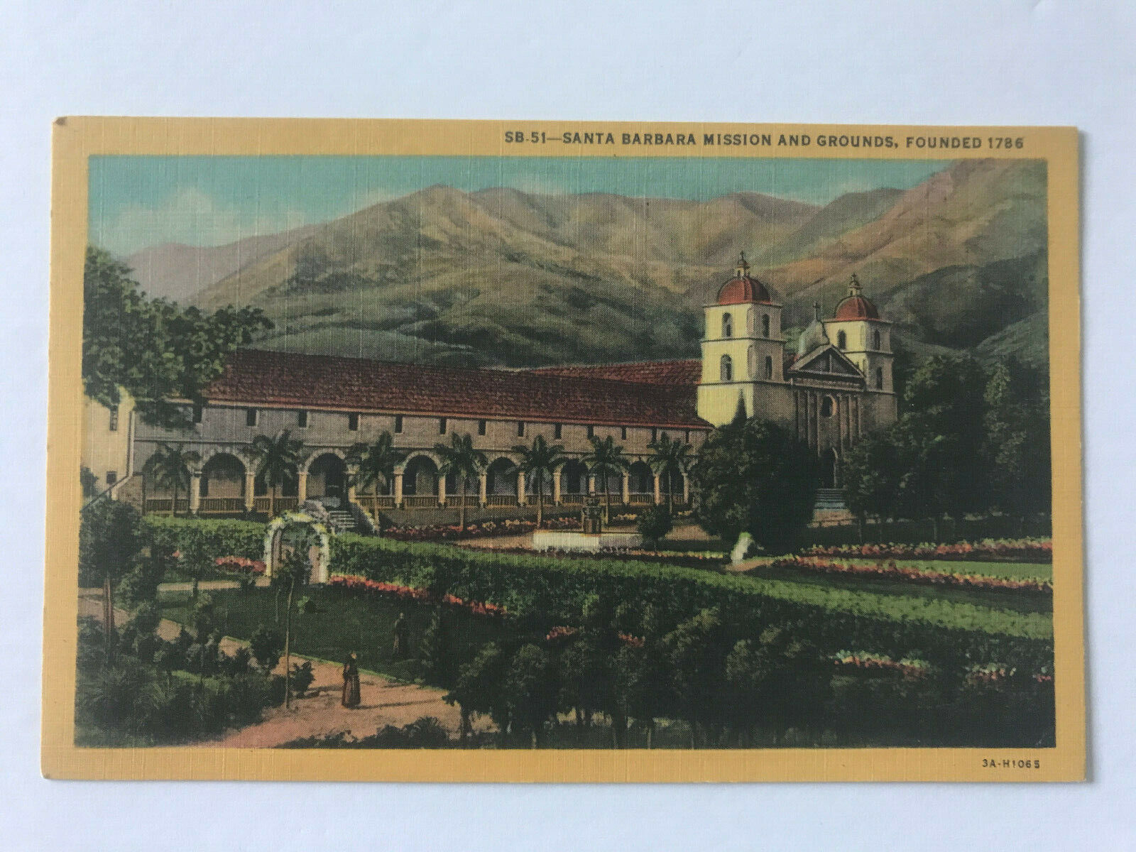 Vtg CA Postcard Santa Barbara\'s Beautiful Mission Grounds Lush Gardens Mountains