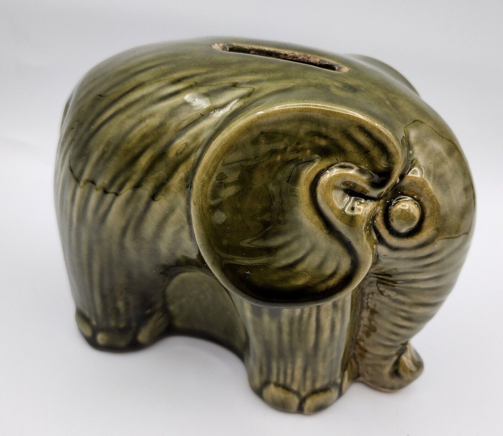 Vintage Green Elephant Ceramic Pottery Coin Piggy Bank Hobbyist 1972 Boho Kitsch