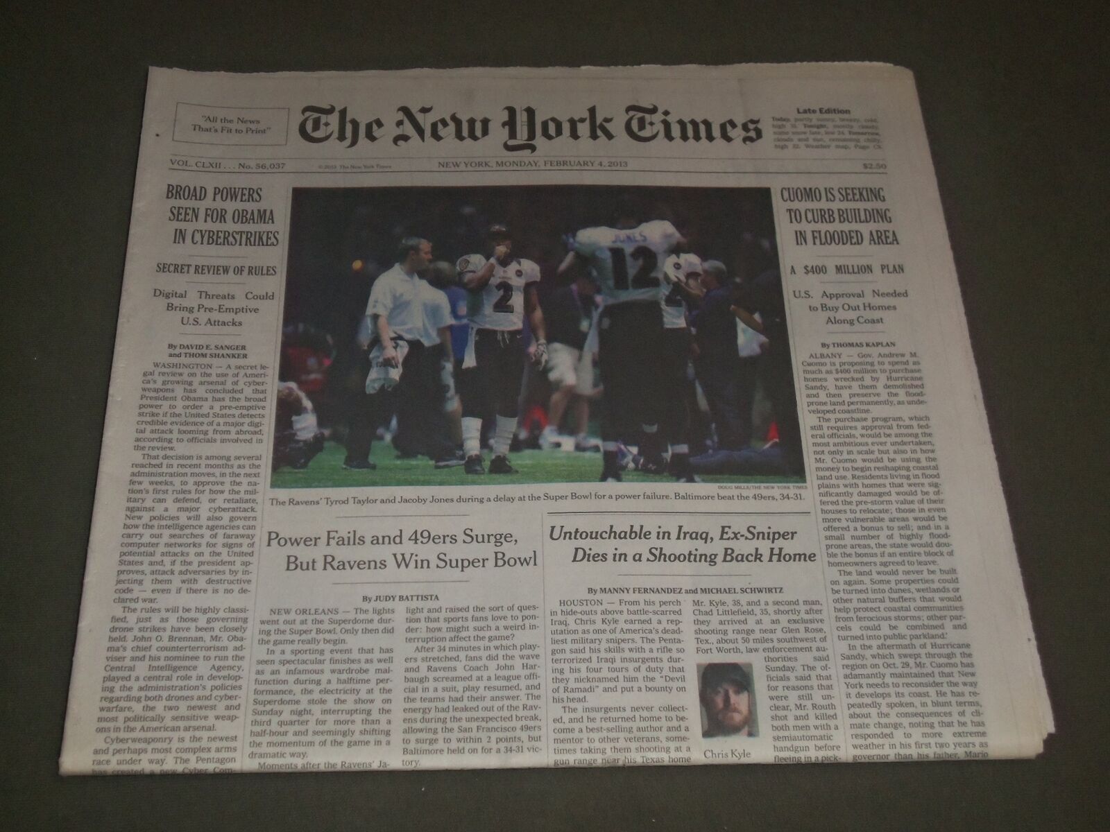 2013 FEB 4 NEW YORK TIMES NEWSPAPER - RAVENS BEAT 49ERS IN SUPER BOWL - NP 2730