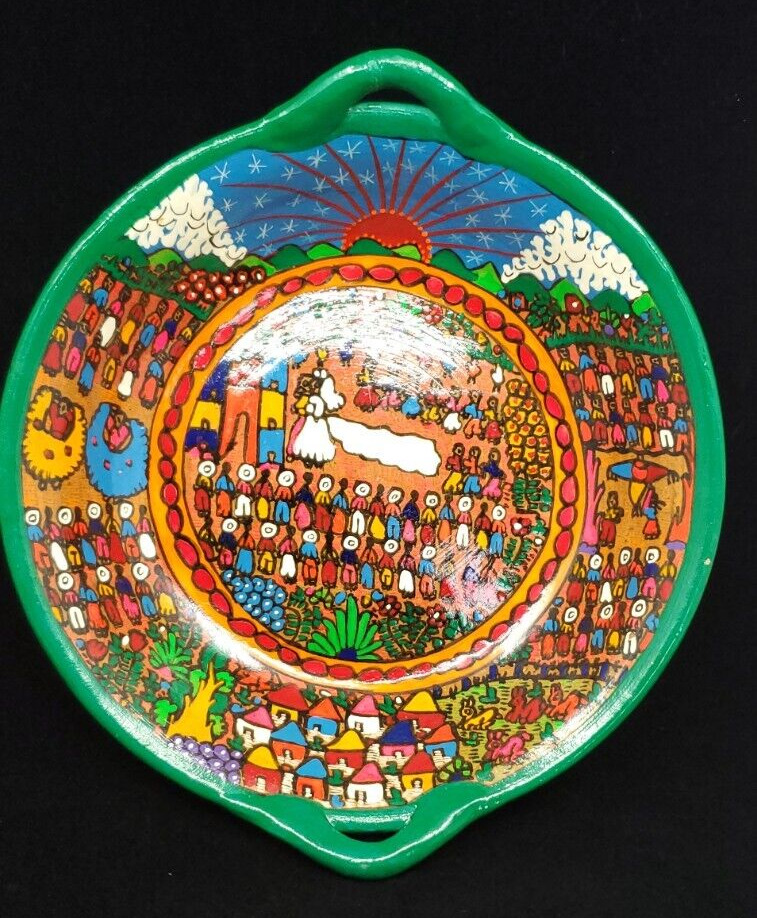 Mexican Ixtapa Hand Painted Folk Art Talavera Pottery Wedding Story Bowl Decor