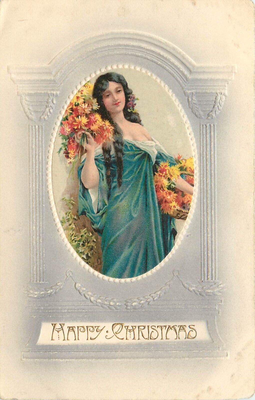 BB London Christmas Postcard X379 Beautiful Woman w/Flowers Neoclassical Columns
