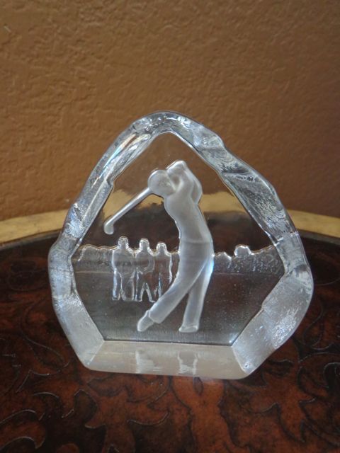 Sweden Crystal Etched Glass Golfer Paperweight