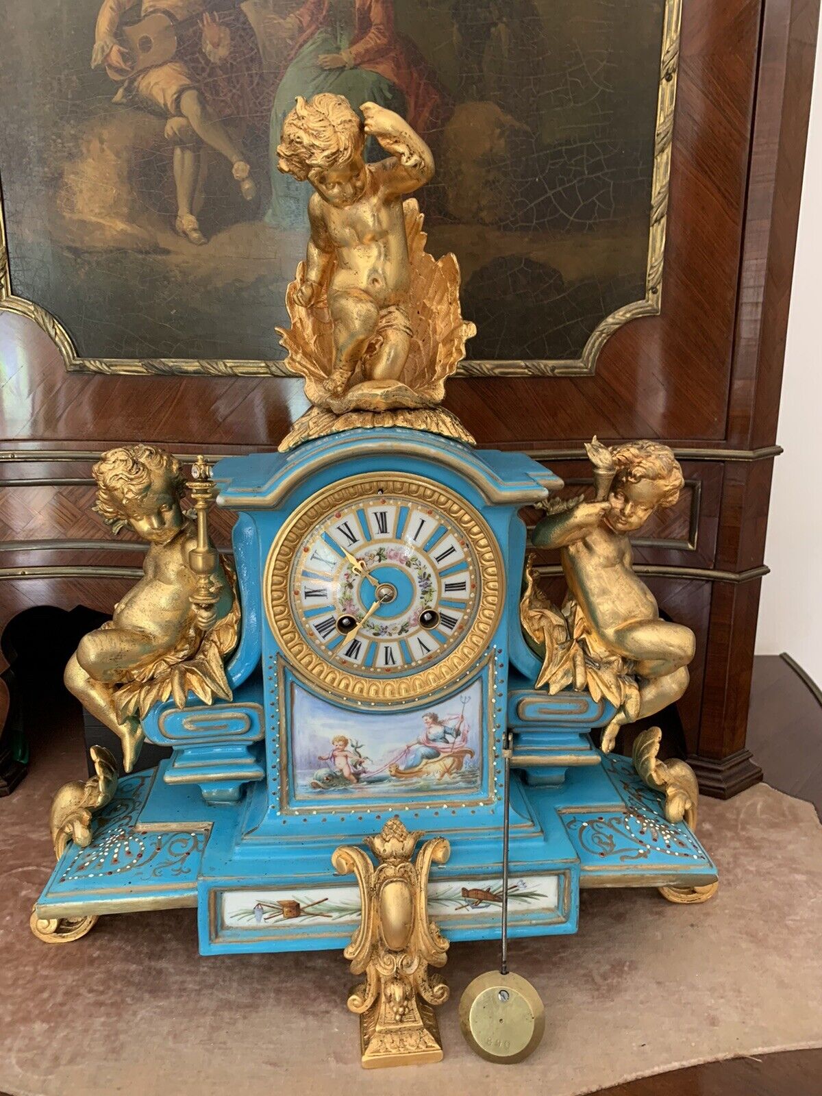 19th century antique french spelter cupid clock sevres paintd porcelain service