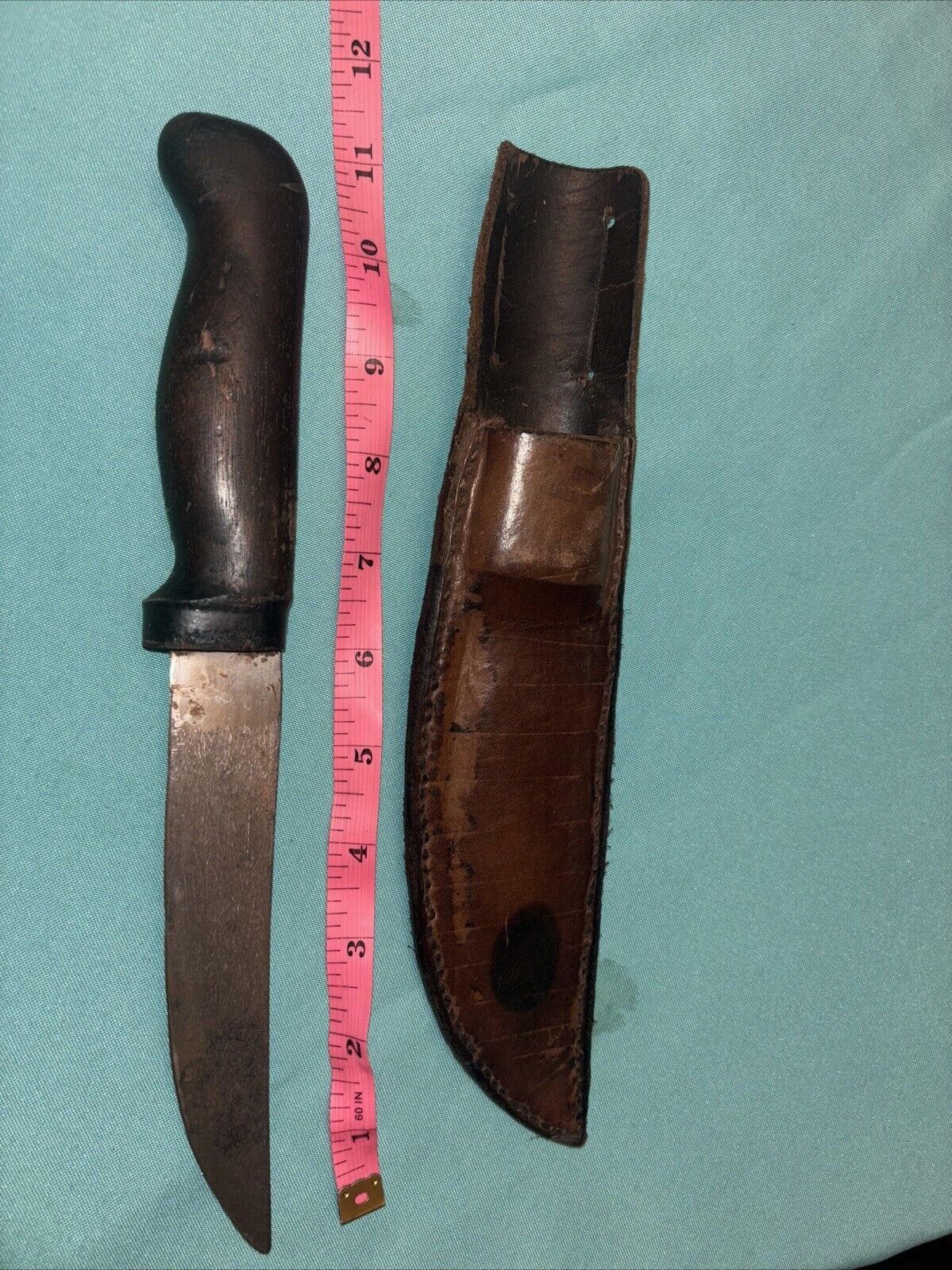VINTAGE CUSTOM MADE FIXED BLADE HUNTING KNIFE Leather Sheath 11.5” 6”
