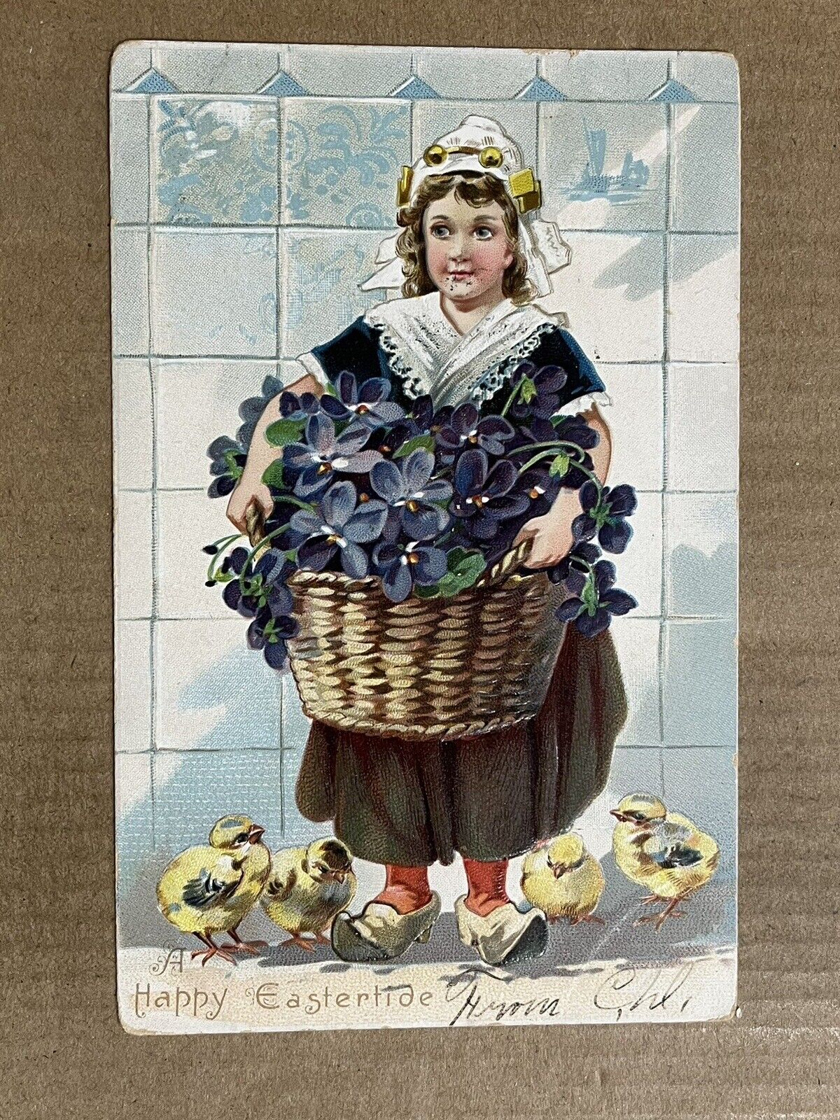 Postcard Raphael Tucks Easter Young Dutch Girl Flower Basket Chicks Vintage 1907