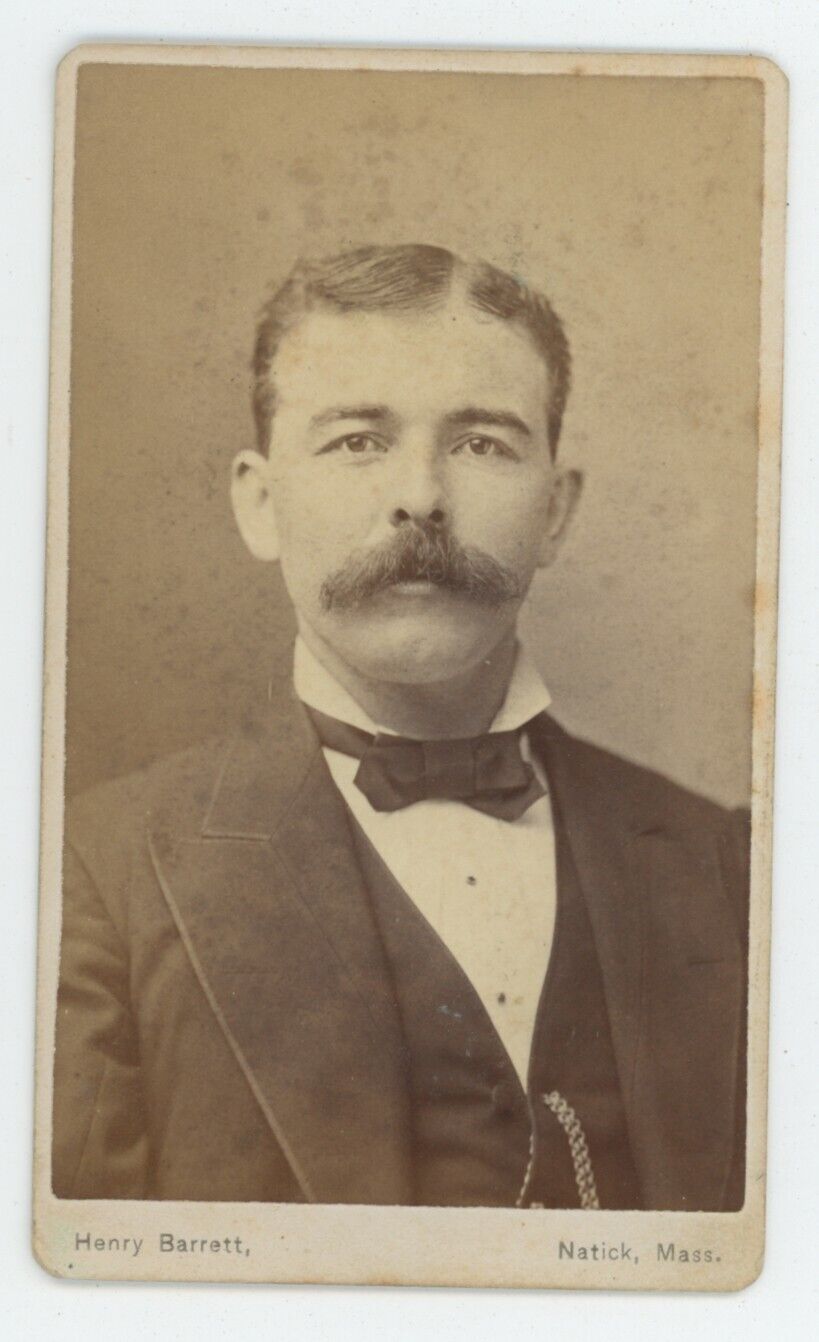 Antique CDV Circa 1870s Handsome Dashing Man With Mustache Barrett Natick, MA