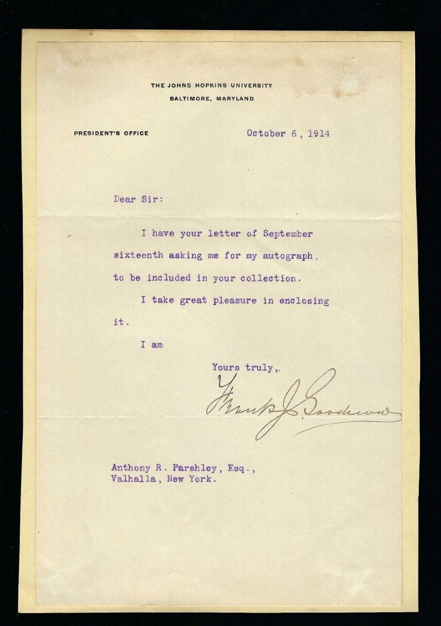 Frank Johnson Goodnow signed letter dated 1914 President of Johns Hopkins Univ