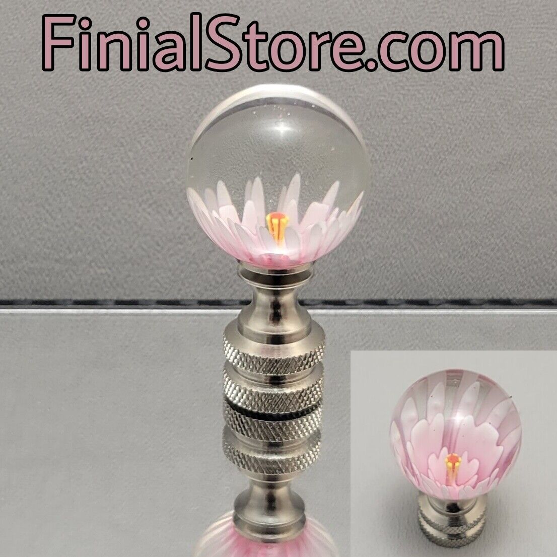Lilac Flower Infused Glass Lamp Finial Nickel/Polished/Antique Brass Bases