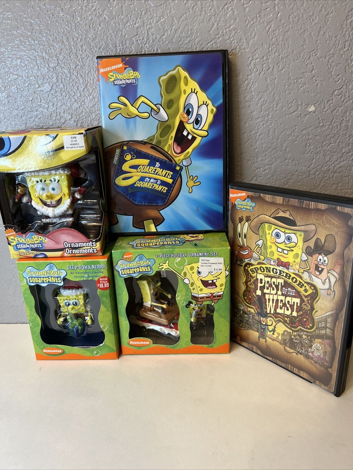 Vintage Nickelodeon’s Sponge Bob Squarepants Ornaments Lot Of 3 And 2 DVDs