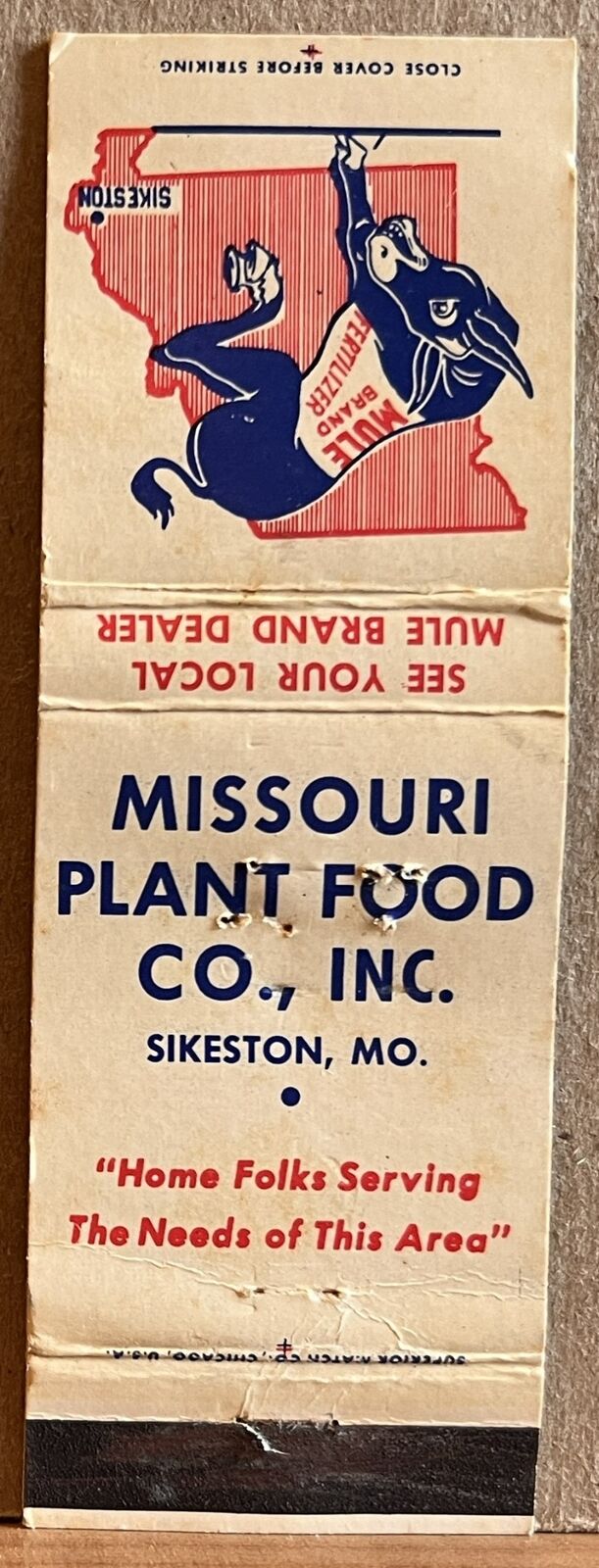 Missouri Plant Food Co Sikeston MO Missouri Mule Brand Vintage Matchbook Cover