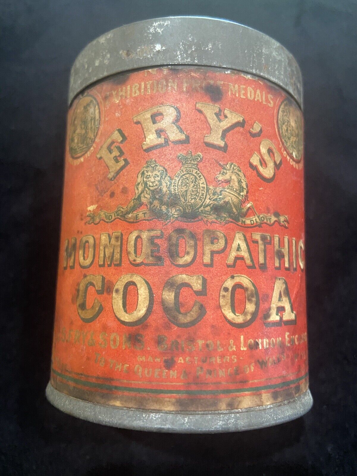 RARE Antique FRY's HOMEOPATHIC COCOA Tin Litho Queen Prince Wales Advertise HTF