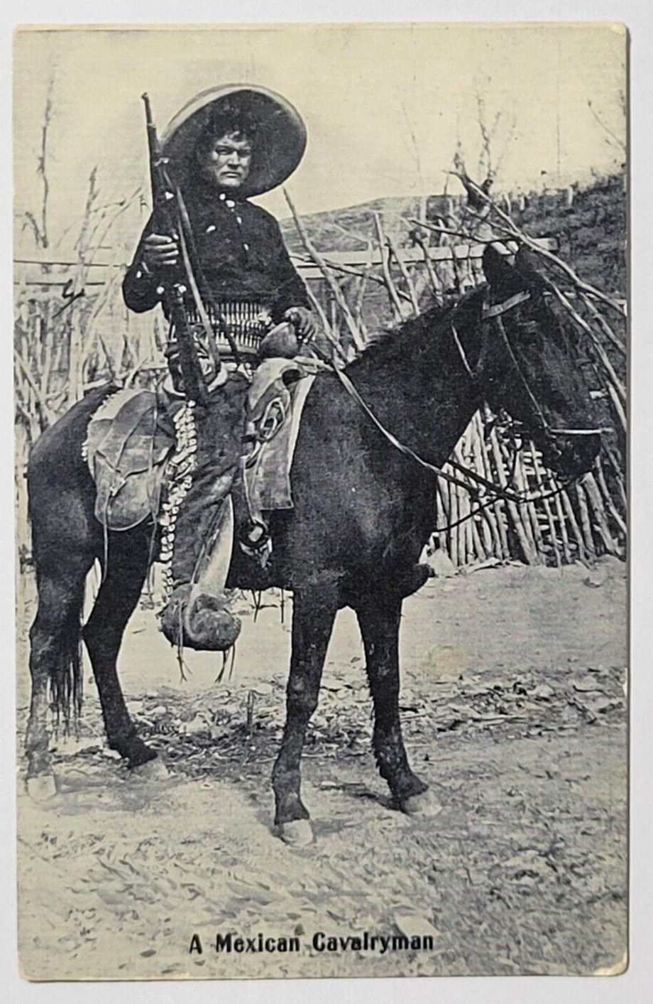Mexican Cavalryman Postcard Border War Mexico Horse Rifle Antique