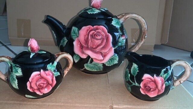 Vintage Fitz & Floyd Midnight Rose Teapot, Sugar & Creamer Tea Set 1987 Japan
