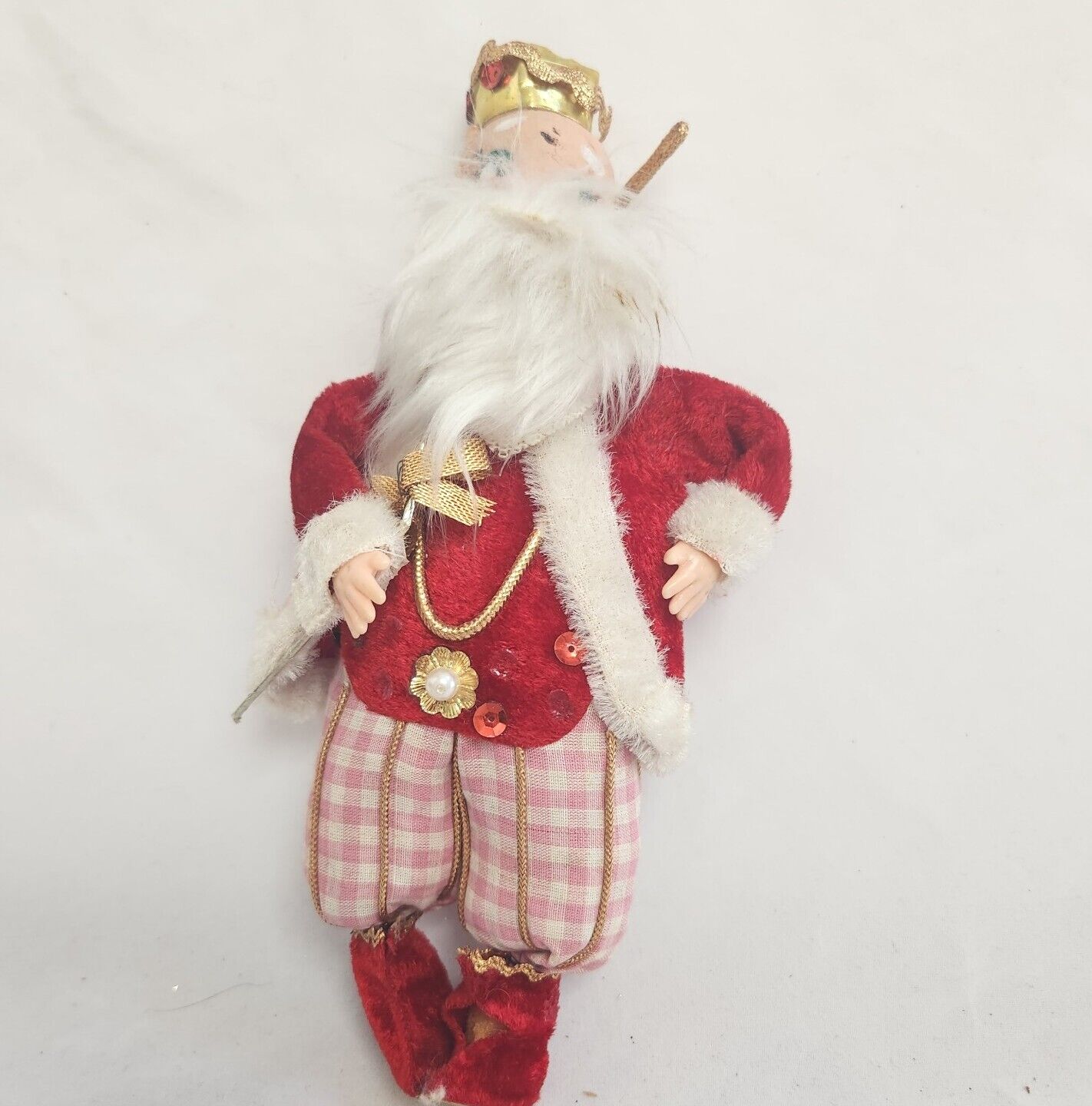 Vintage Stuffed King Doll Ornament Sequin Velvet Gingham Styrofoam Head Prince