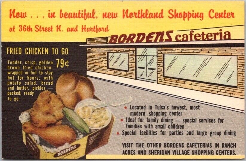1950s TULSA, Oklahoma LINEN Postcard BORDEN\'S CAFETERIA Northland Sopping Center
