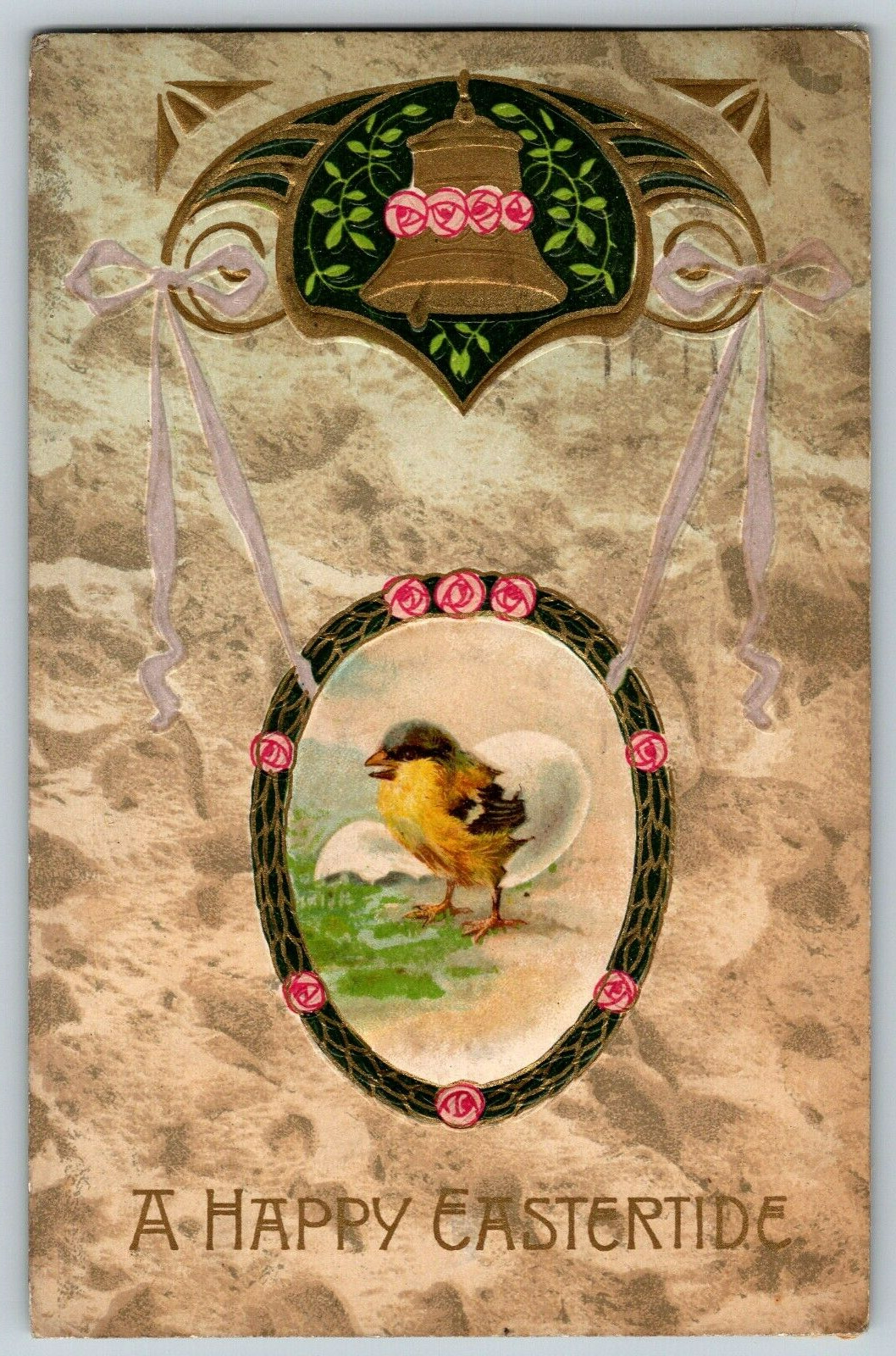 A Happy Eastertide - Chick & Egg, Flower  - Vintage Postcard, Posted 1908