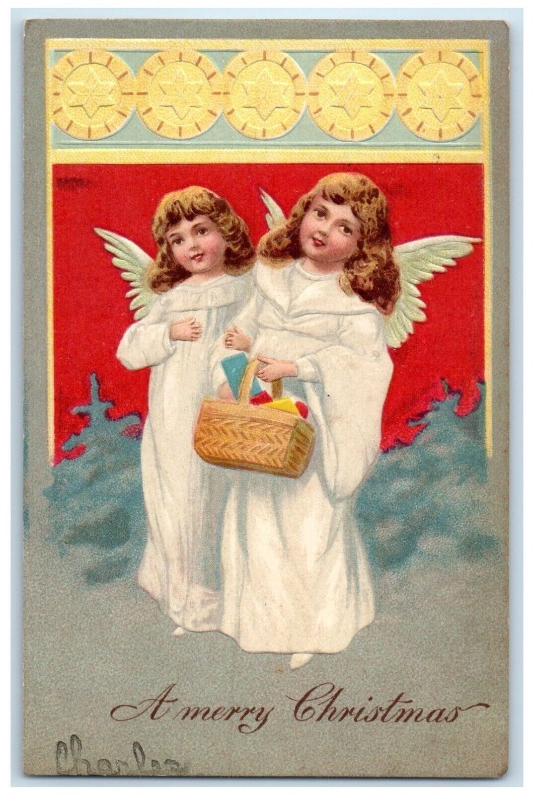 1906 Merry Christmas Angels Holding Basket Gifts Embossed Brooklyn NY Postcard
