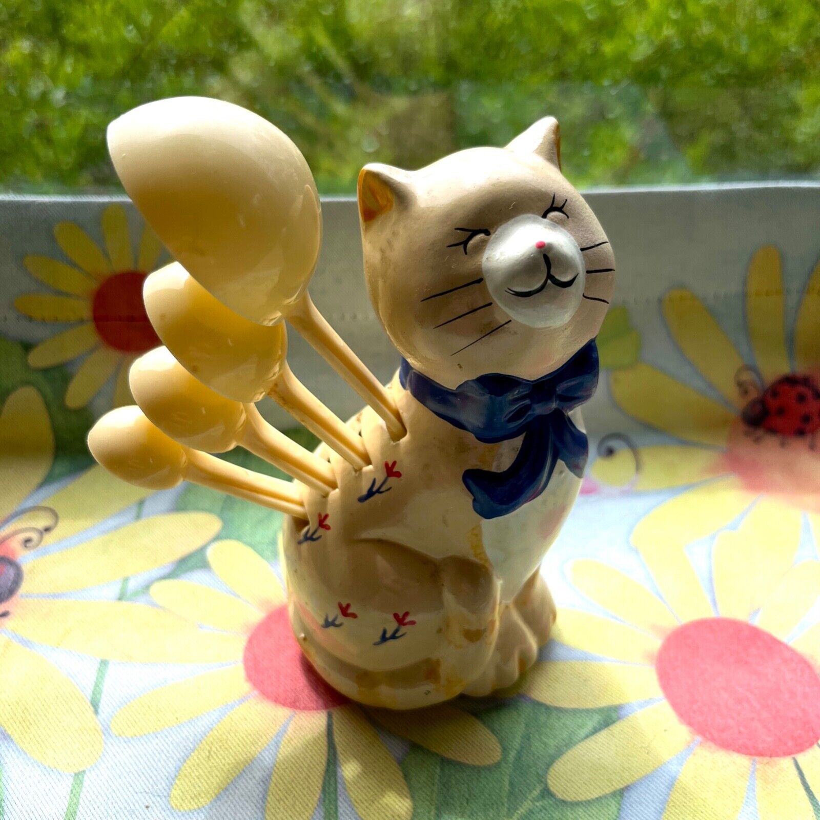 Vintage MCM Ceramic Yellow Cat Measuring Spoon Holder