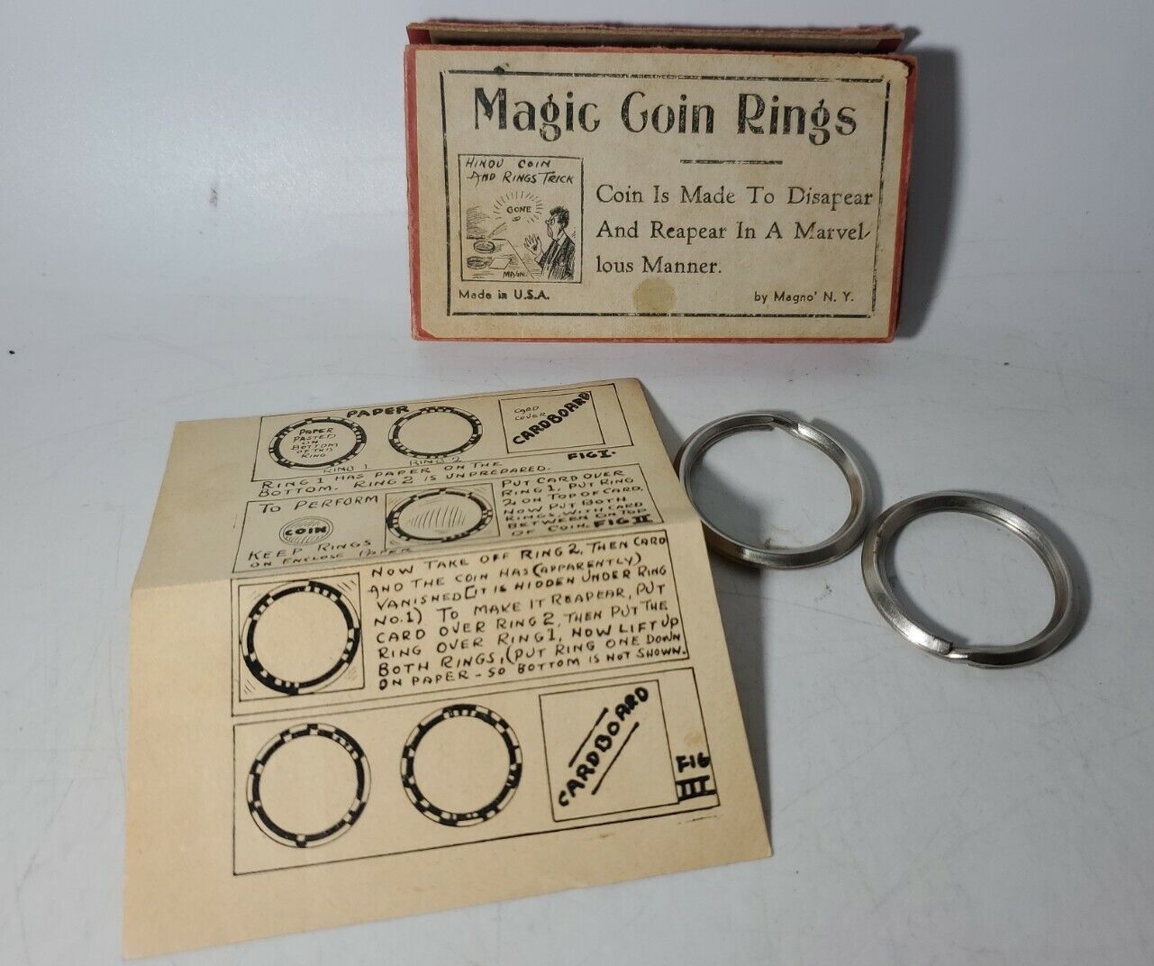 Vintage Magic Coin Rings Original Box and Paperwork Made in USA By Magno'N.Y.