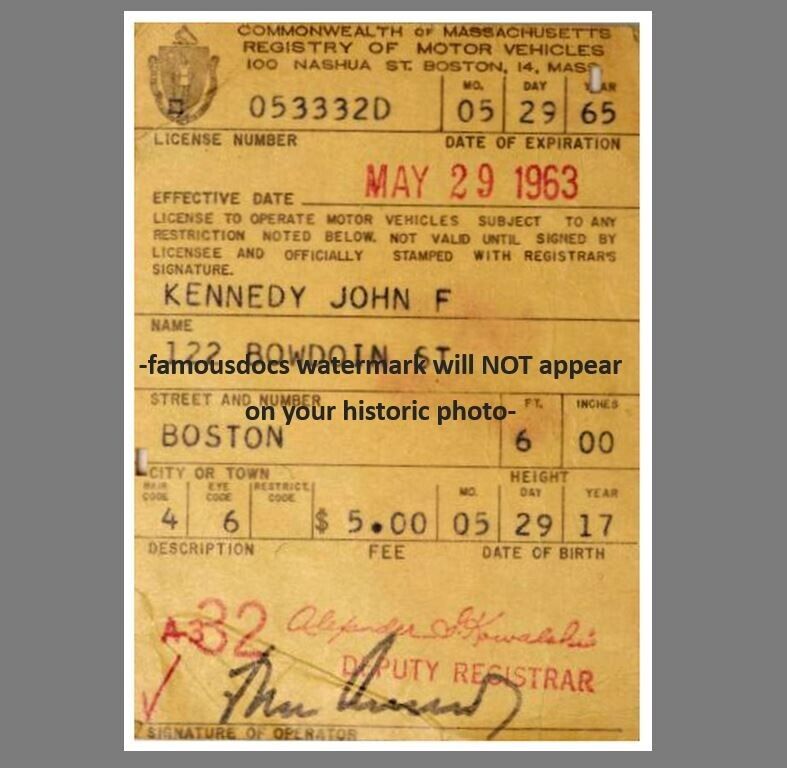 John F Kennedy Driver's License PHOTO 1963 5x7 Photo Amazing Expired License