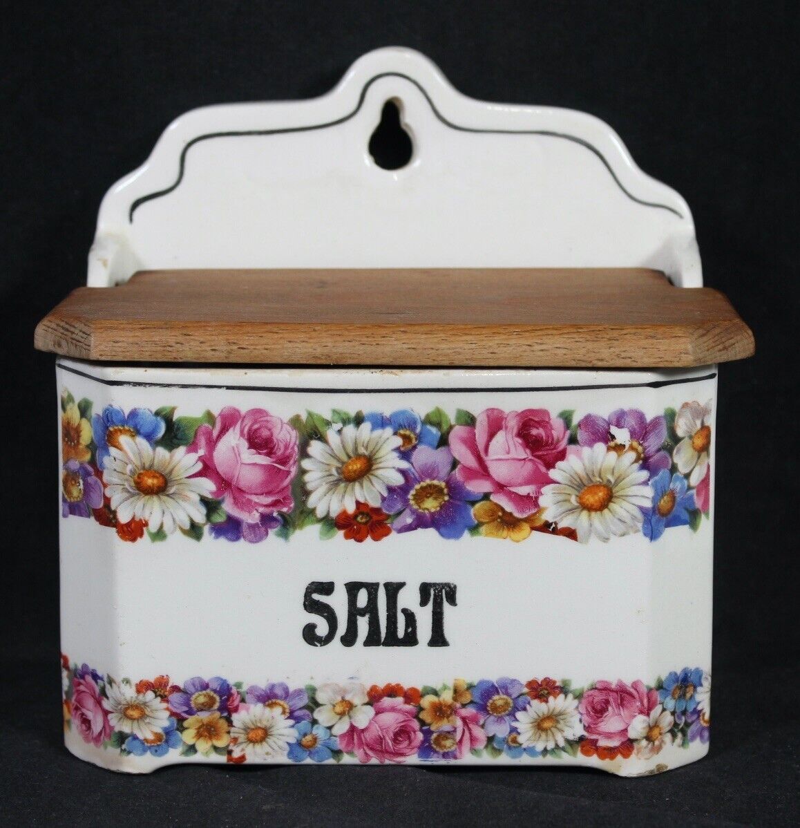 Vintage Ditmar Floral Ceramic Salt Box With Wood Lid 6\