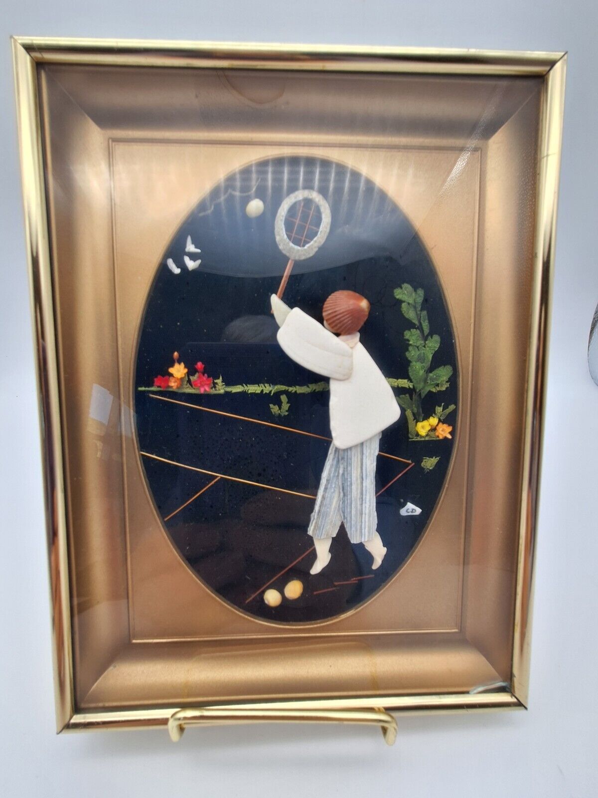 Shell Figurine Tennis Player Picture Framed 1985 Unique 6 x 8 inches