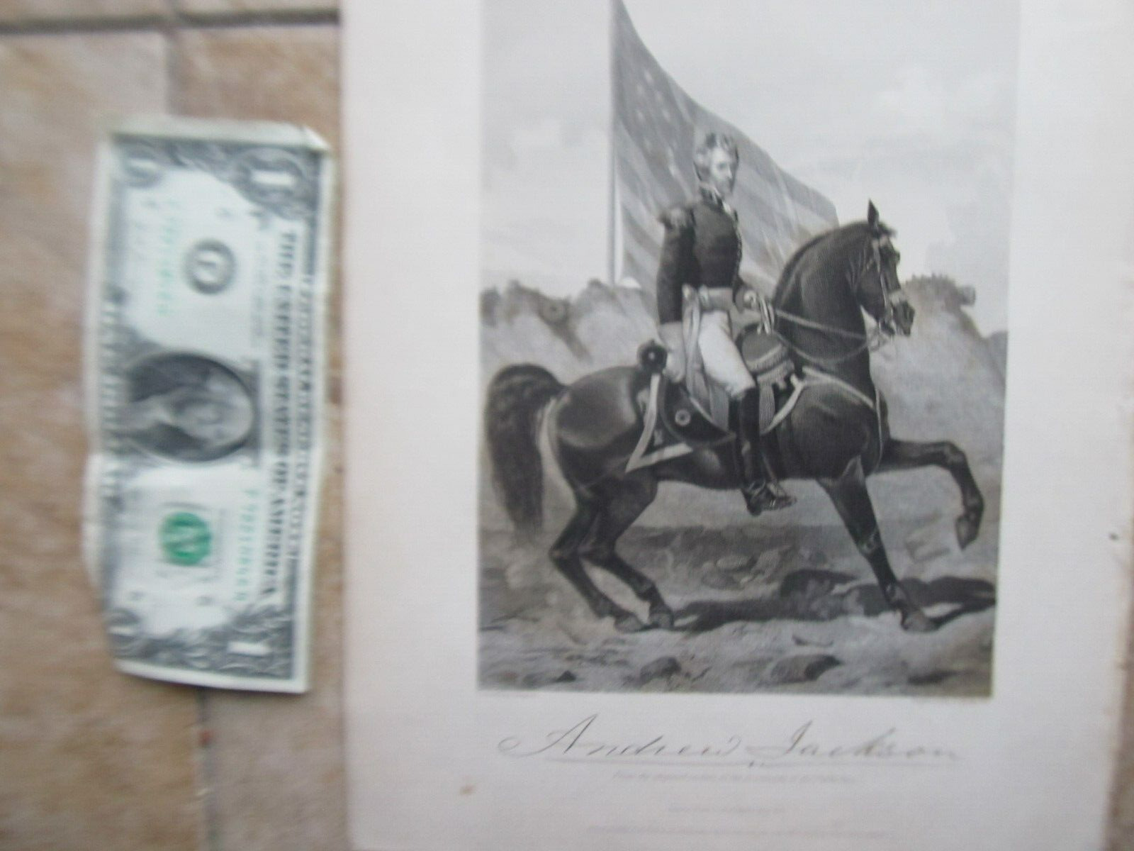 EARLY 1858 Antique Print Engraving, Gen. & President Andrew Jackson on horseback