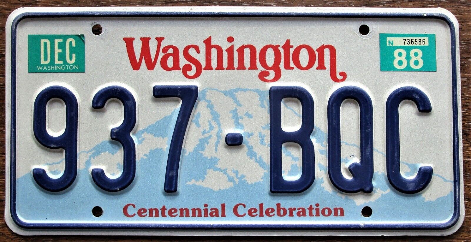 WASHINGTON Centennial License Plate 1988 #937-BQC - Classic Licensing???