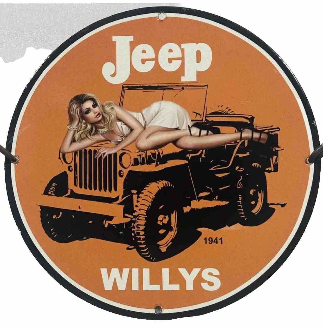 JEEP WILLYS PORCELAIN ENAMEL PINUP BABE GAS OIL GARAGE SERVICE PUMP PLATE SIGN