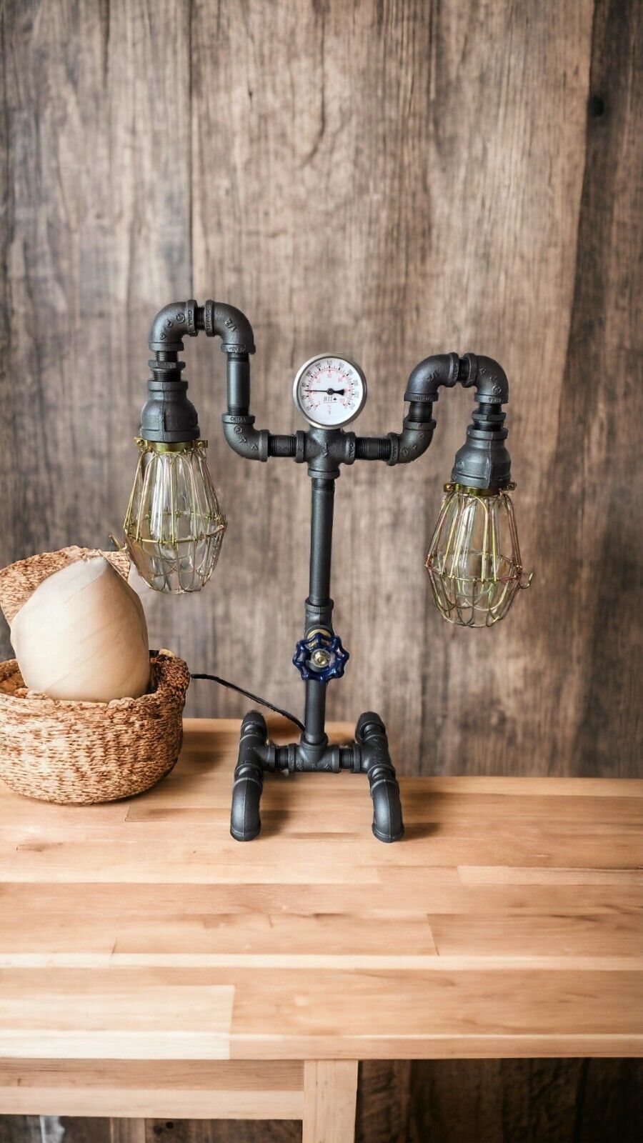 Handcrafted Industrial Pipe 2 bulb Retro style Table lamp on metal base