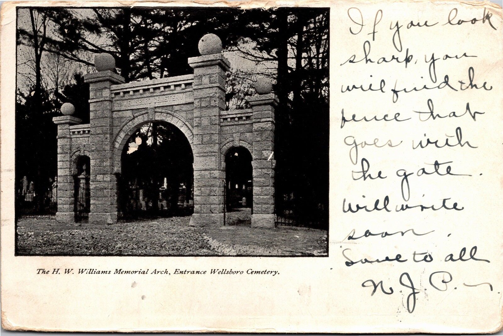 H. W. Williams Memorial Arch, Entrance Wellsboro Cemetery, PA Vtg Postcard H24