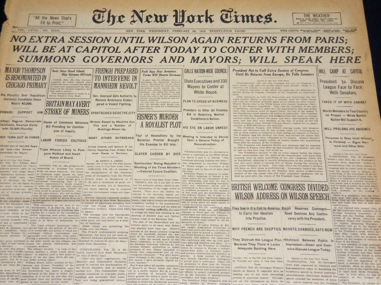 1919 FEBRUARY 26 NEW YORK TIMES - NO EXTRA SESSION UNTIL WILSON RETURNS- NT 7969