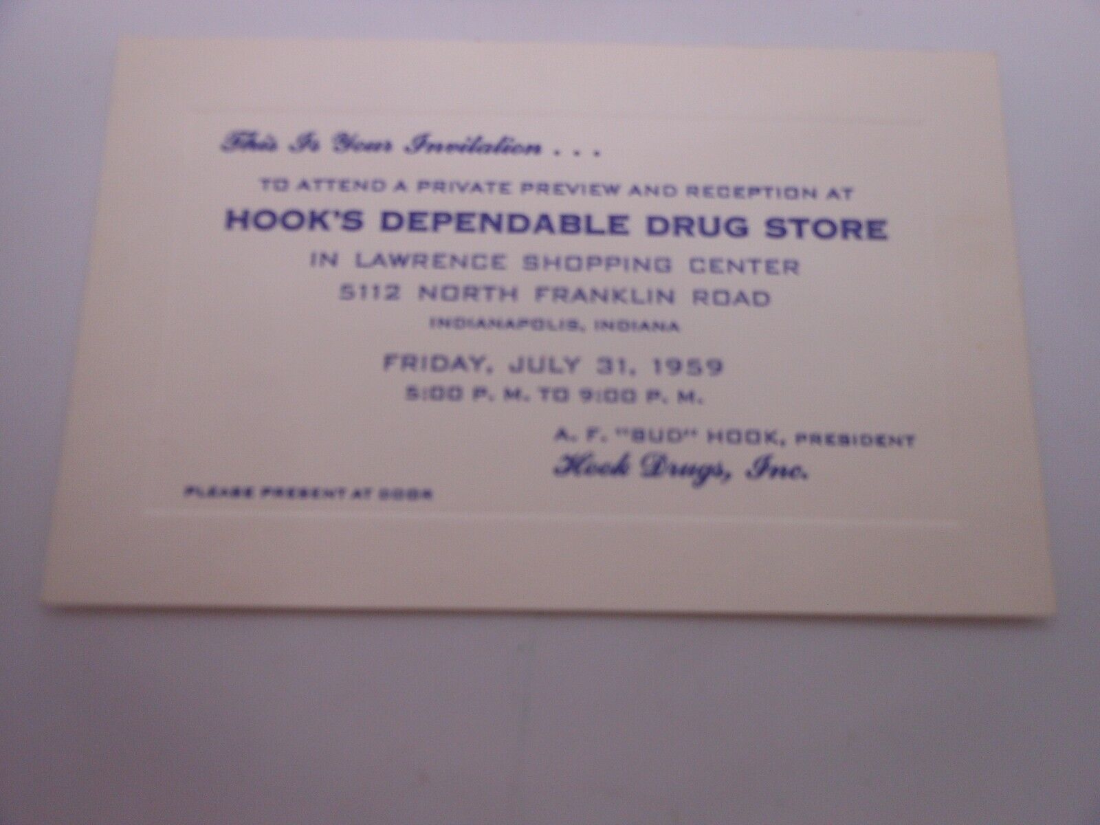 1959 Invitation Hook\'s Dependable Drug Store Private Preview & Reception Indy