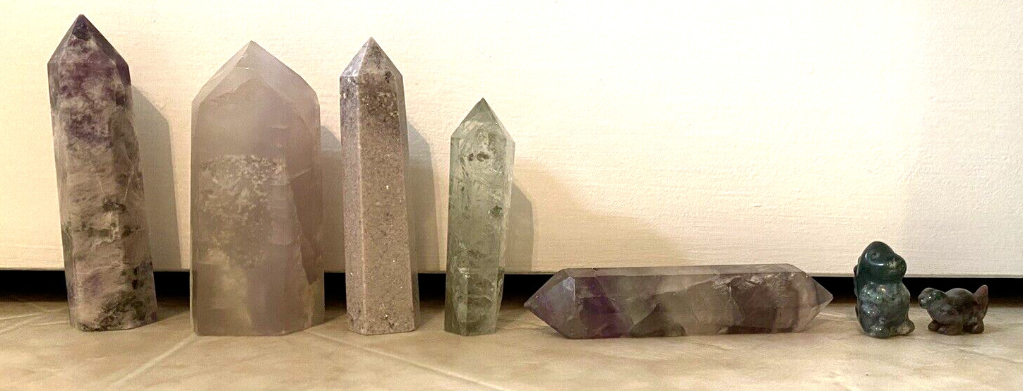 Lot 7 Crystals: Lepidolite, Lavender Fluorite, Prasiolite, Rainbow, Ocean Jasper