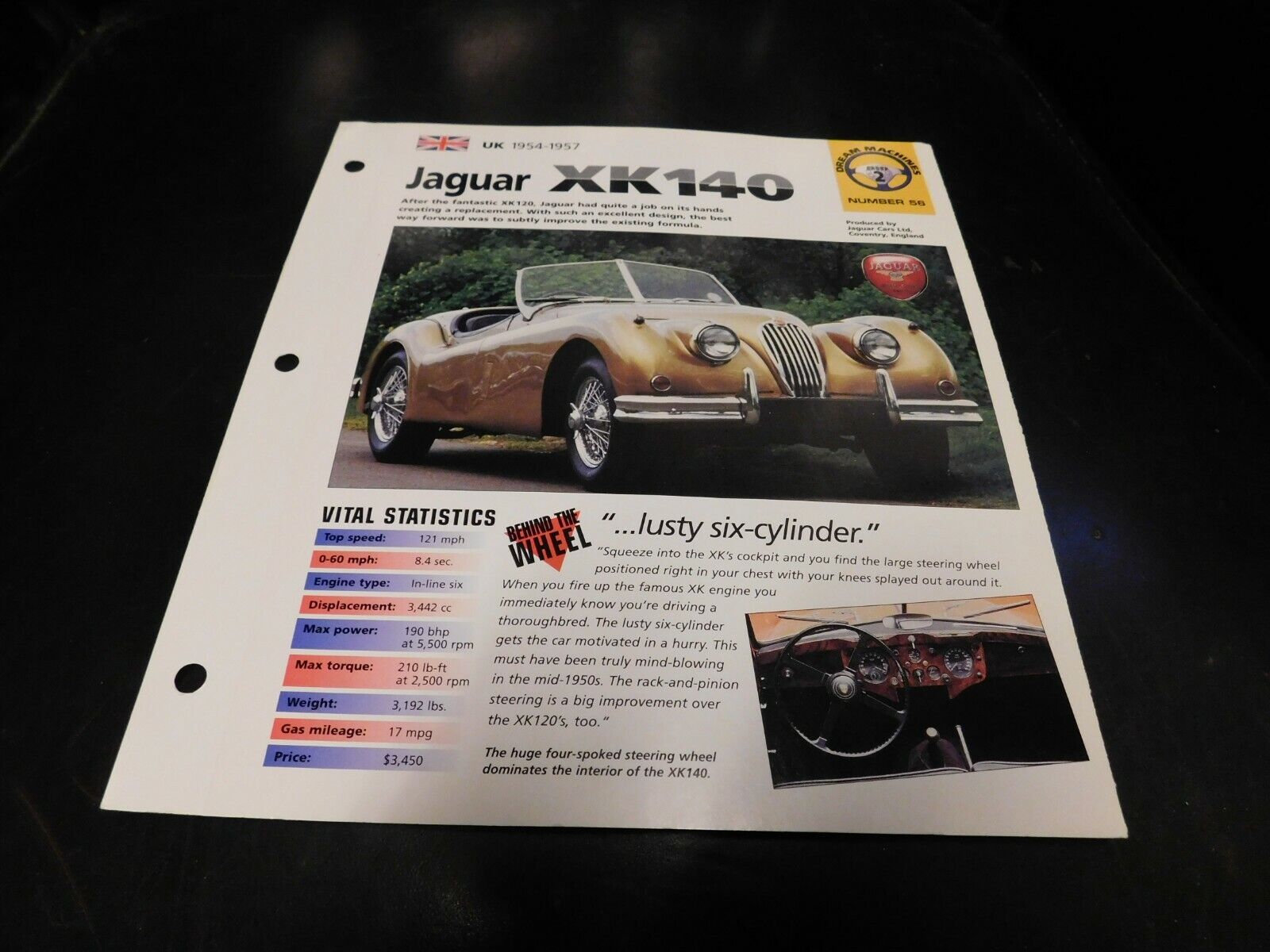 1954-1957 Jaguar XK140 Spec Sheet Brochure Photo Poster 56 55